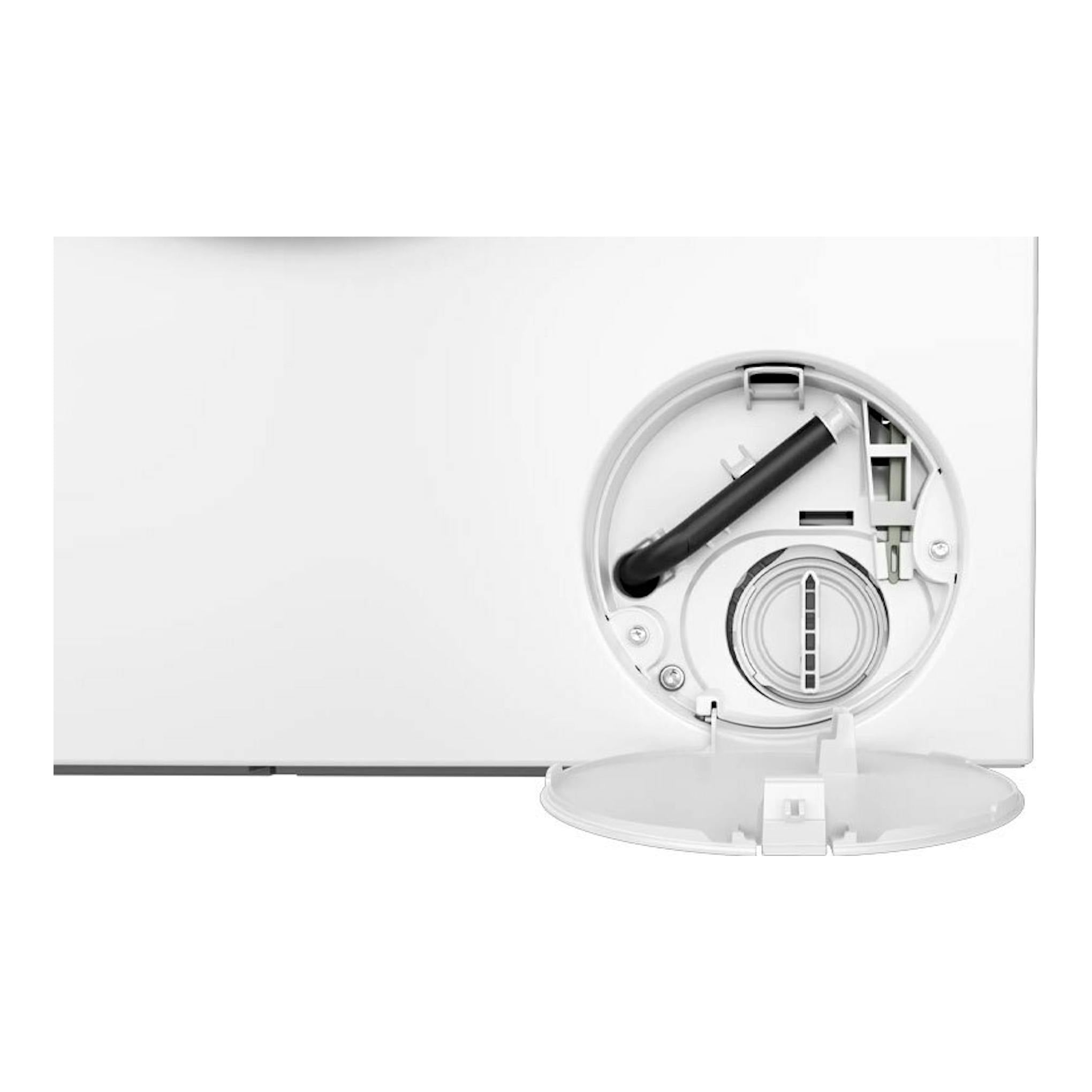 Lavadora Bosch WGH244A0ES blanca, vista frontal parcial con tapa inferior abierta y filtro visible.