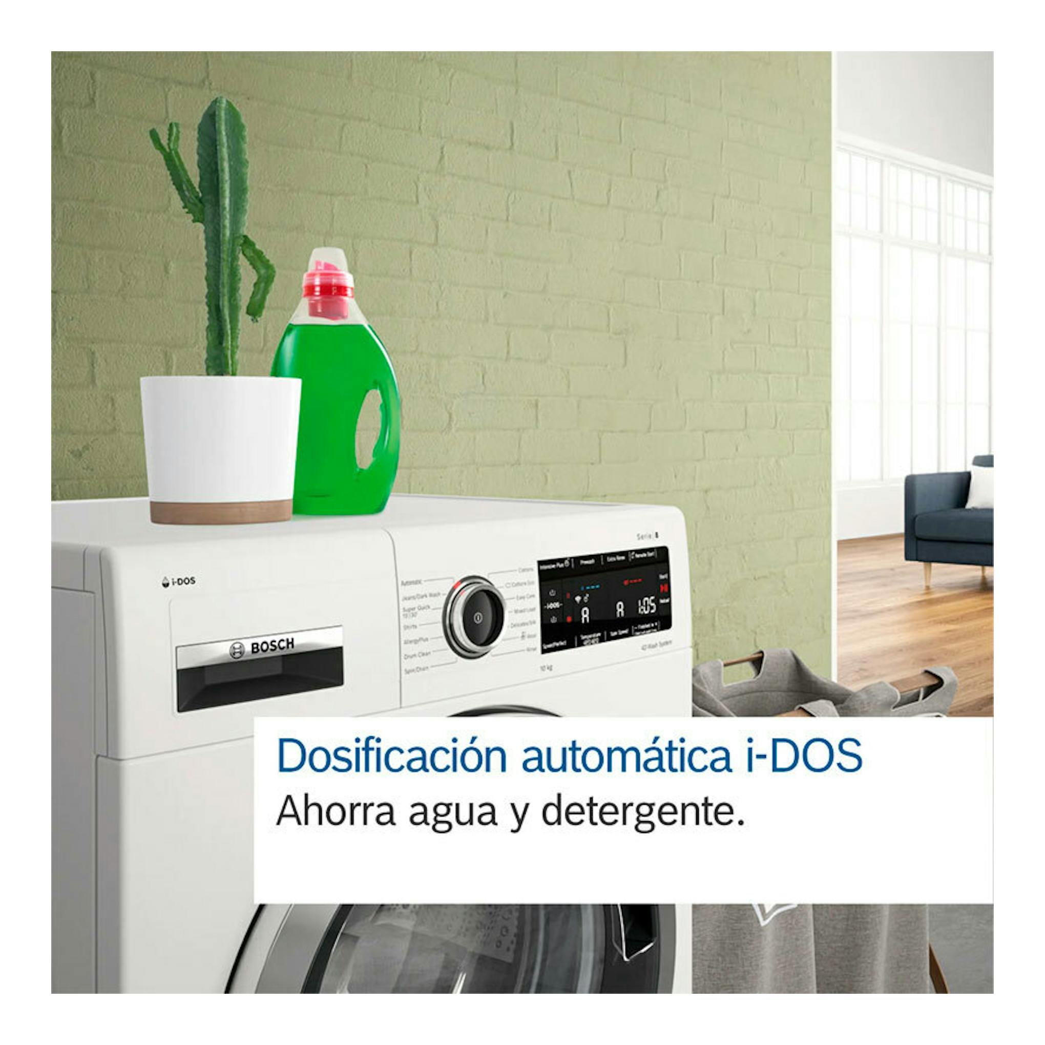 Lavadora Bosch blanca de carga frontal, con panel digital i-DOS y dispensador de detergente.