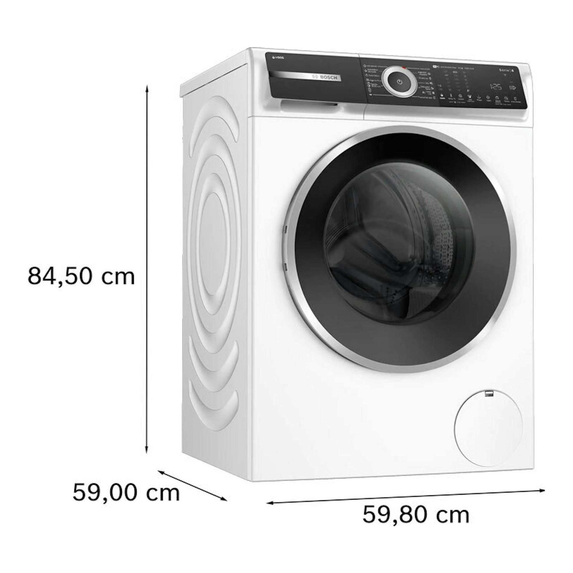 Lavadora frontal Bosch WGH256A0ES blanca, vista en tres cuartos, con medidas 84,5 x 59,8 x 59 cm.