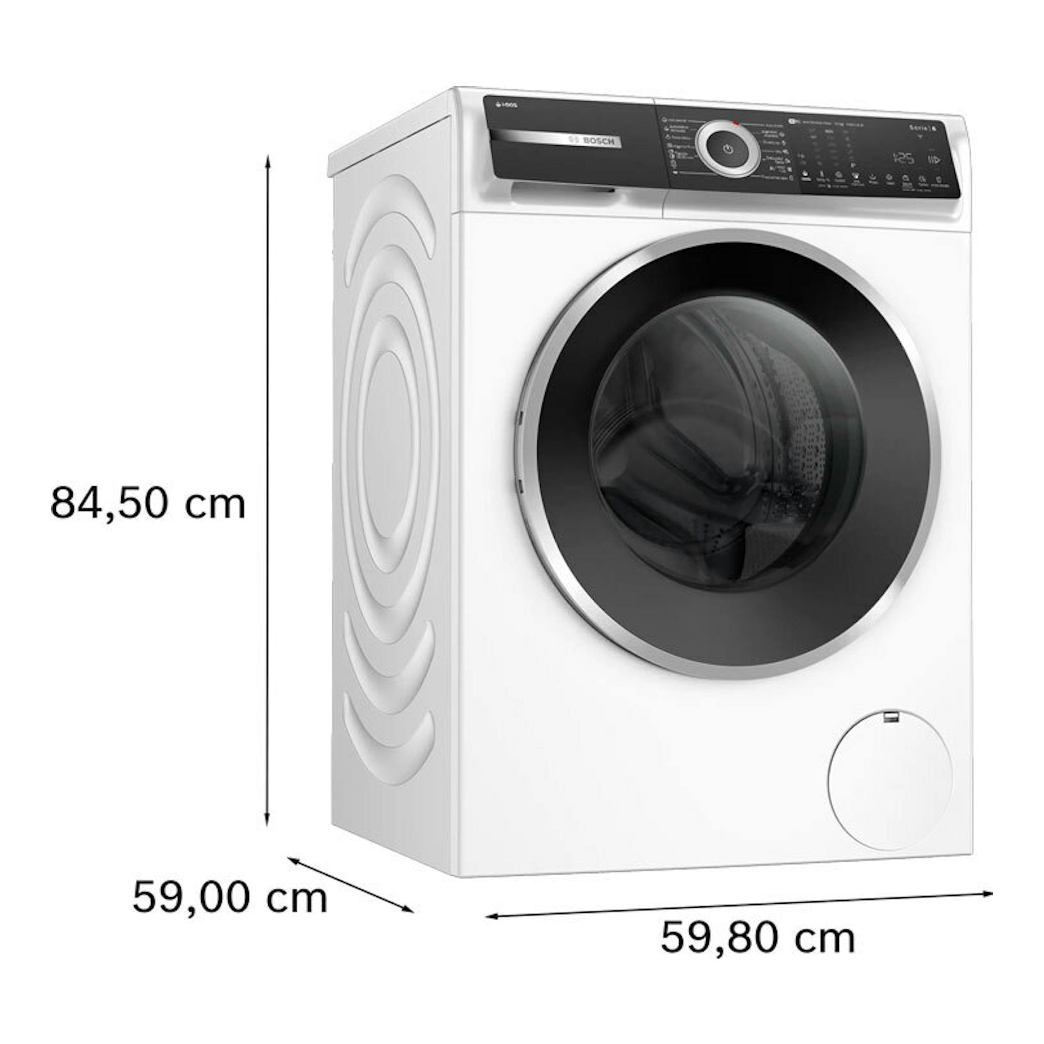 Lavadora frontal Bosch WGH256A0ES blanca, vista en tres cuartos, con medidas 84,5 x 59,8 x 59 cm.