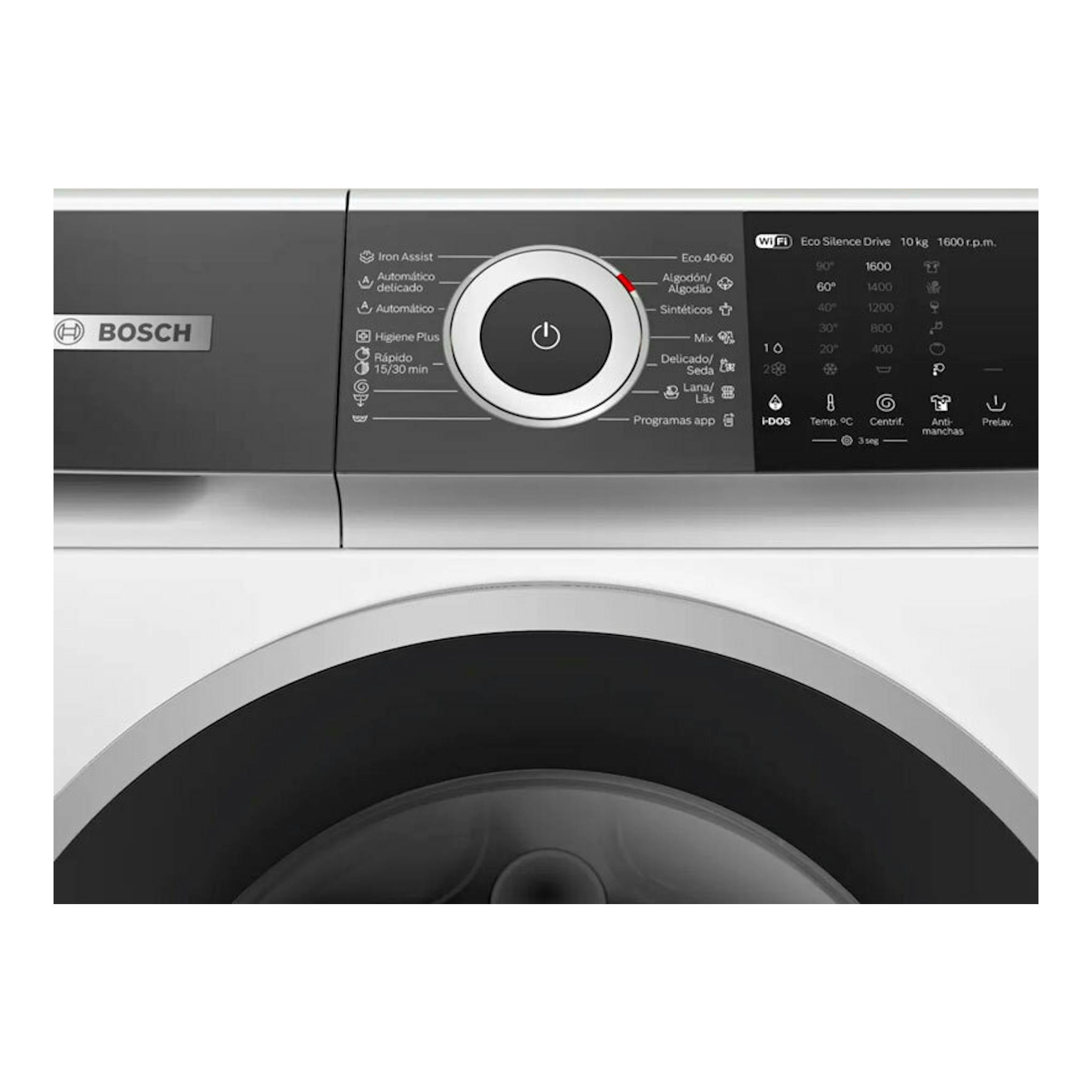 Lavadora Bosch WGH256A0ES blanca, vista frontal del panel de control y la puerta circular.