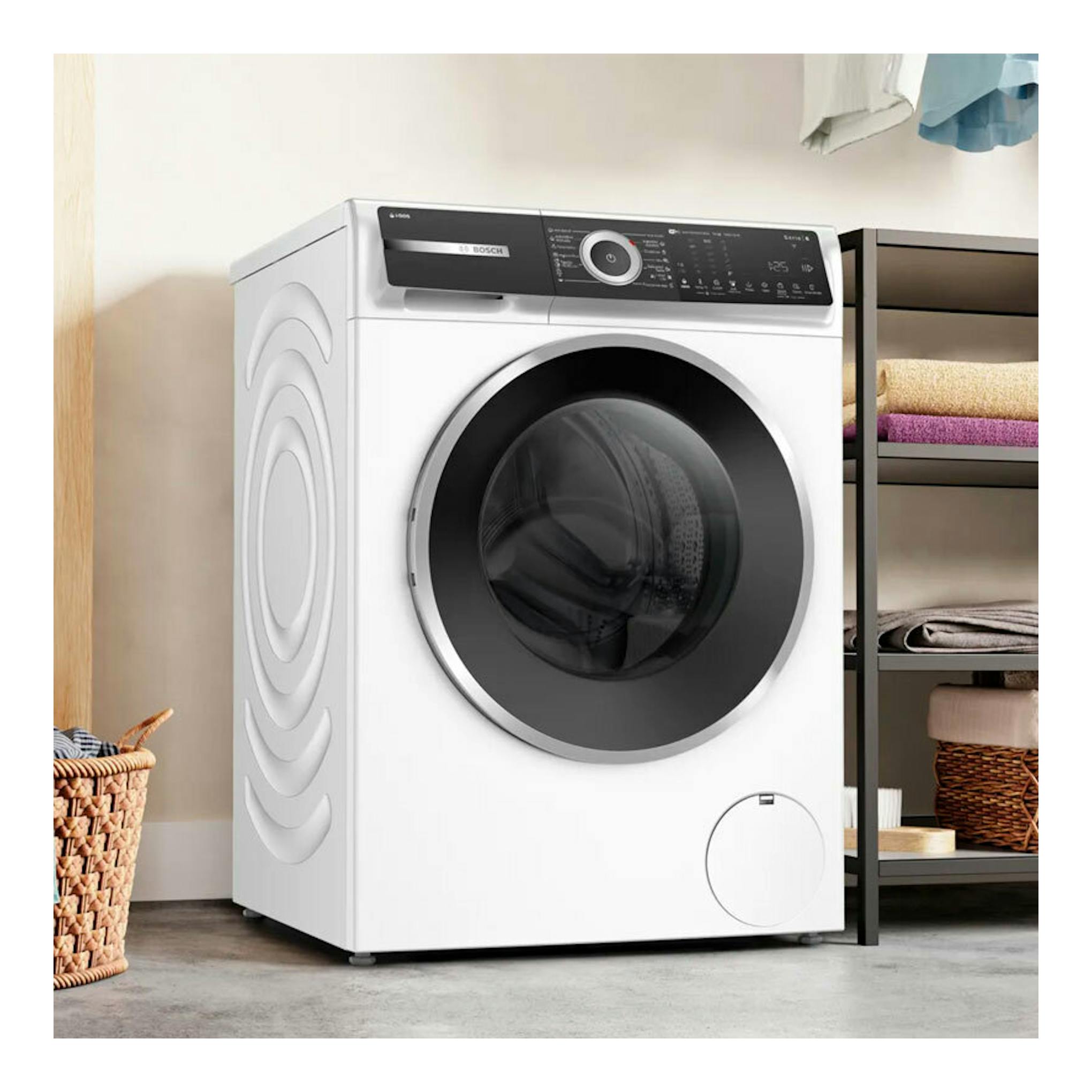 Lavadora frontal Bosch WGH256A0ES blanca, vista frontal, con puerta negra y panel de control superior.