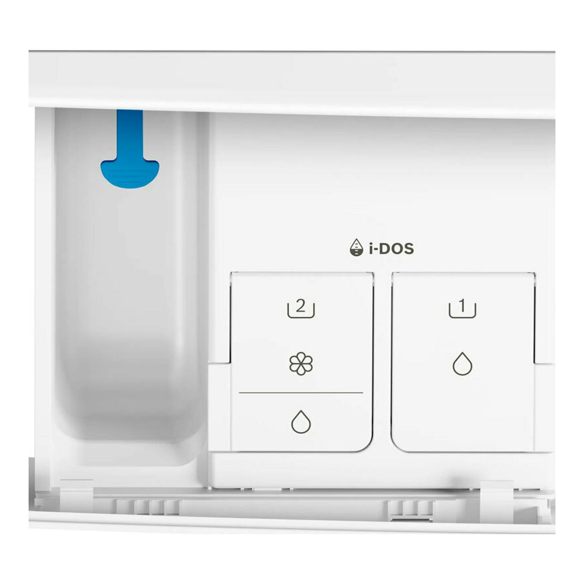 Lavadora Bosch WGH256A0ES, compartimento i-DOS blanco, vista frontal con depósitos 1 y 2.