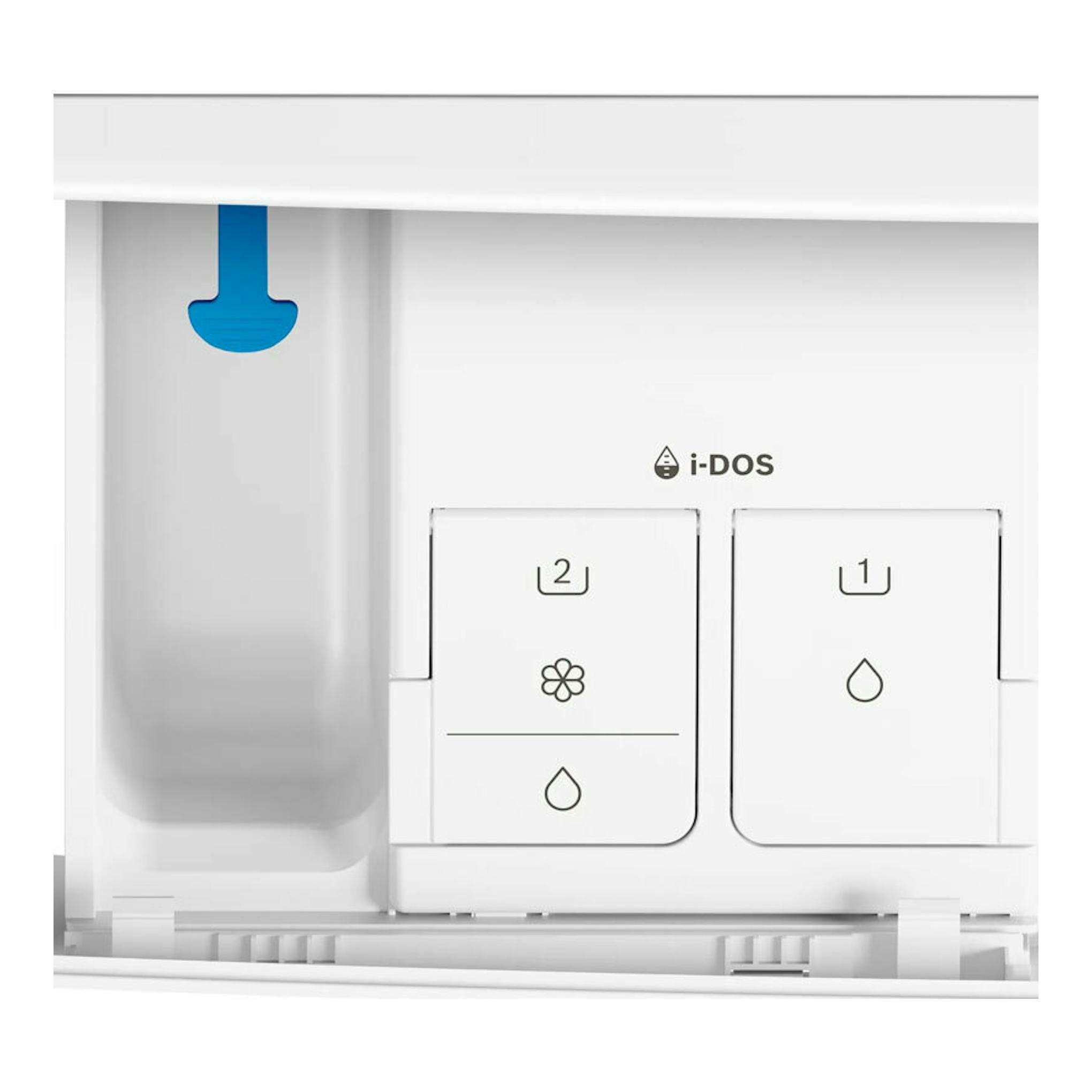Lavadora Bosch WGH256A0ES, compartimento i-DOS blanco, vista frontal con depósitos 1 y 2.