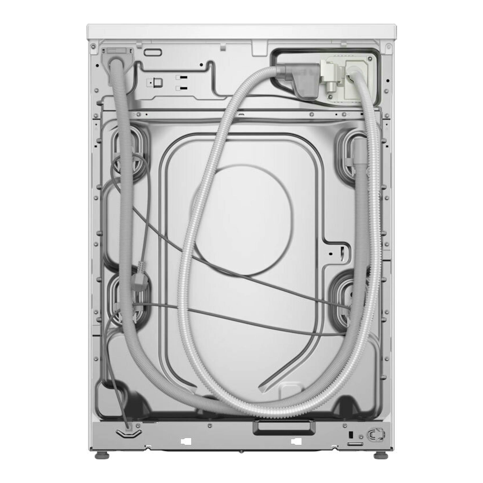 Vista trasera de lavadora Bosch WGH256A0ES blanca, con mangueras y conexiones visibles.