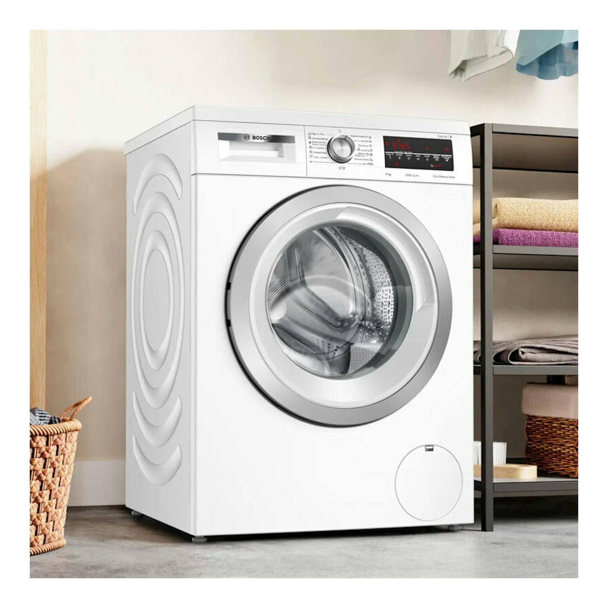Lavadora Bosch WUU24T65ES blanca, vista frontal, con puerta circular y panel digital.