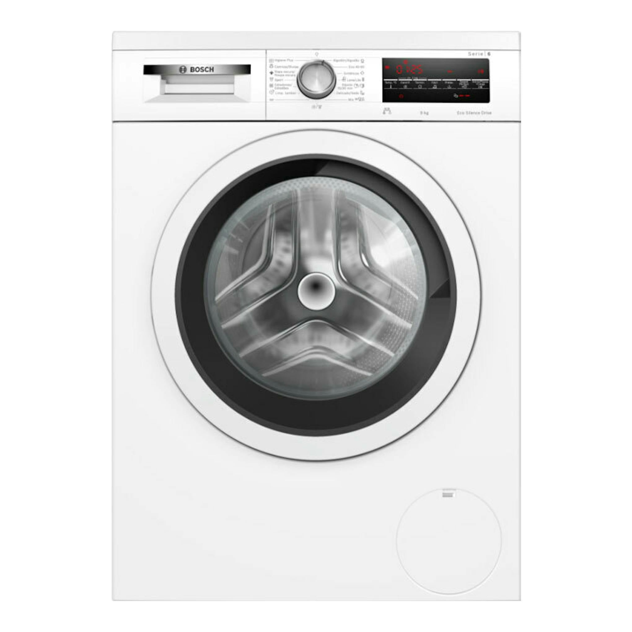 Lavadora Bosch WUU28T66ES blanca, vista frontal, con puerta circular y panel digital superior.