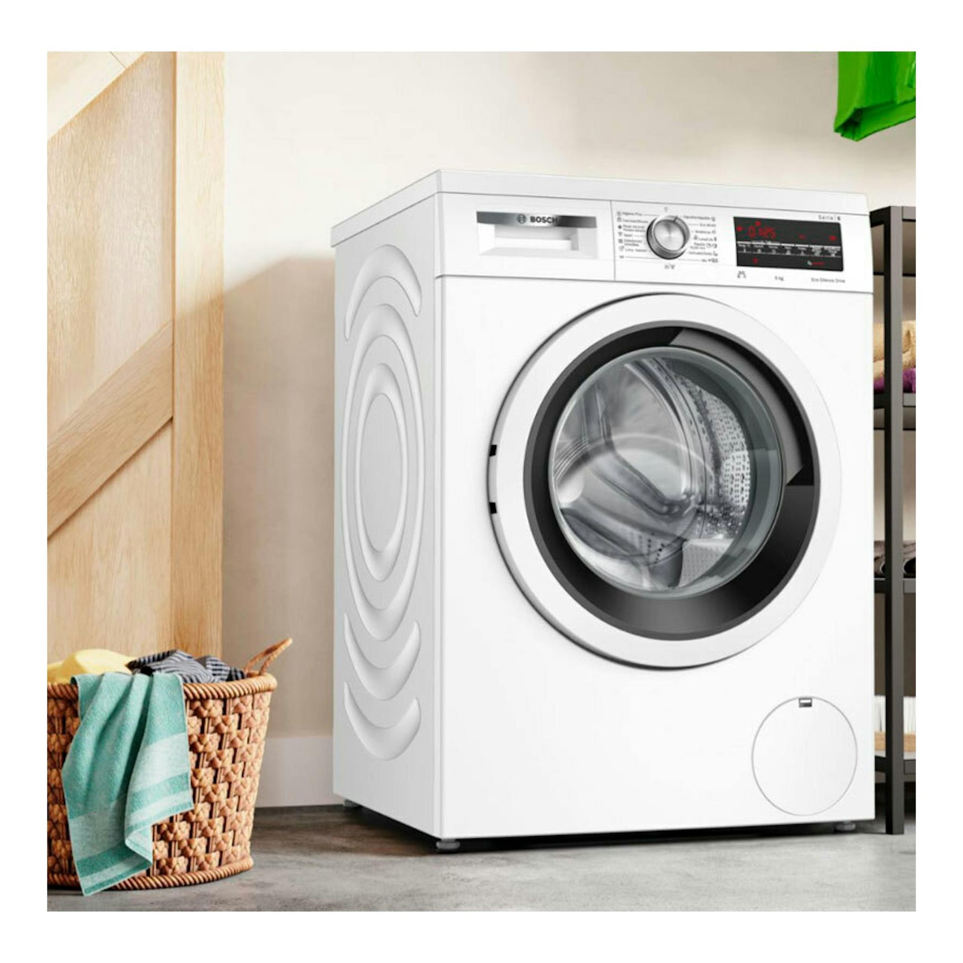 Lavadora Bosch WUU28T66ES blanca, carga frontal, vista frontal con puerta circular y panel digital.
