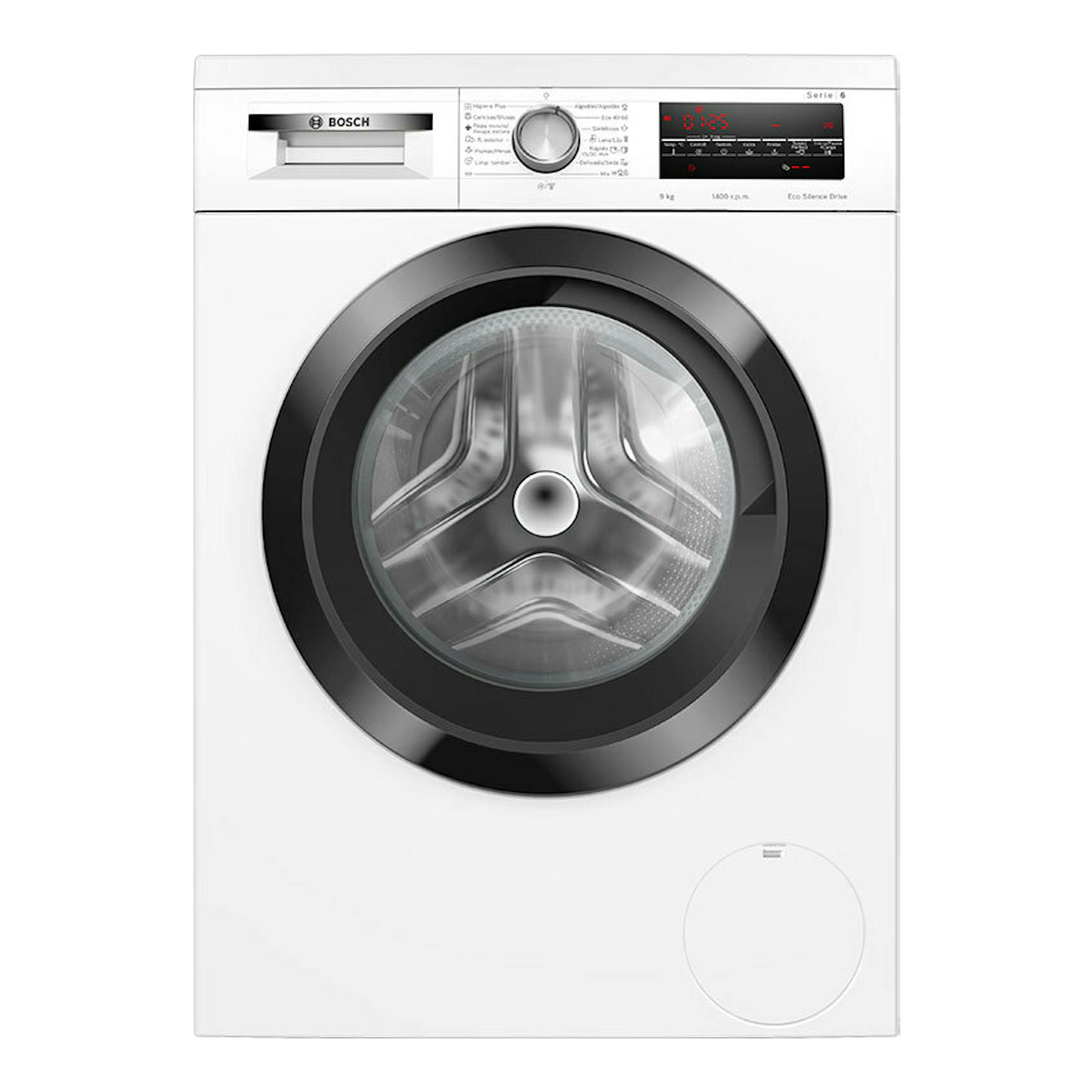 Lavadora Bosch WUU28T68ES Serie 6 blanca, vista frontal con puerta circular negra y panel digital superior.