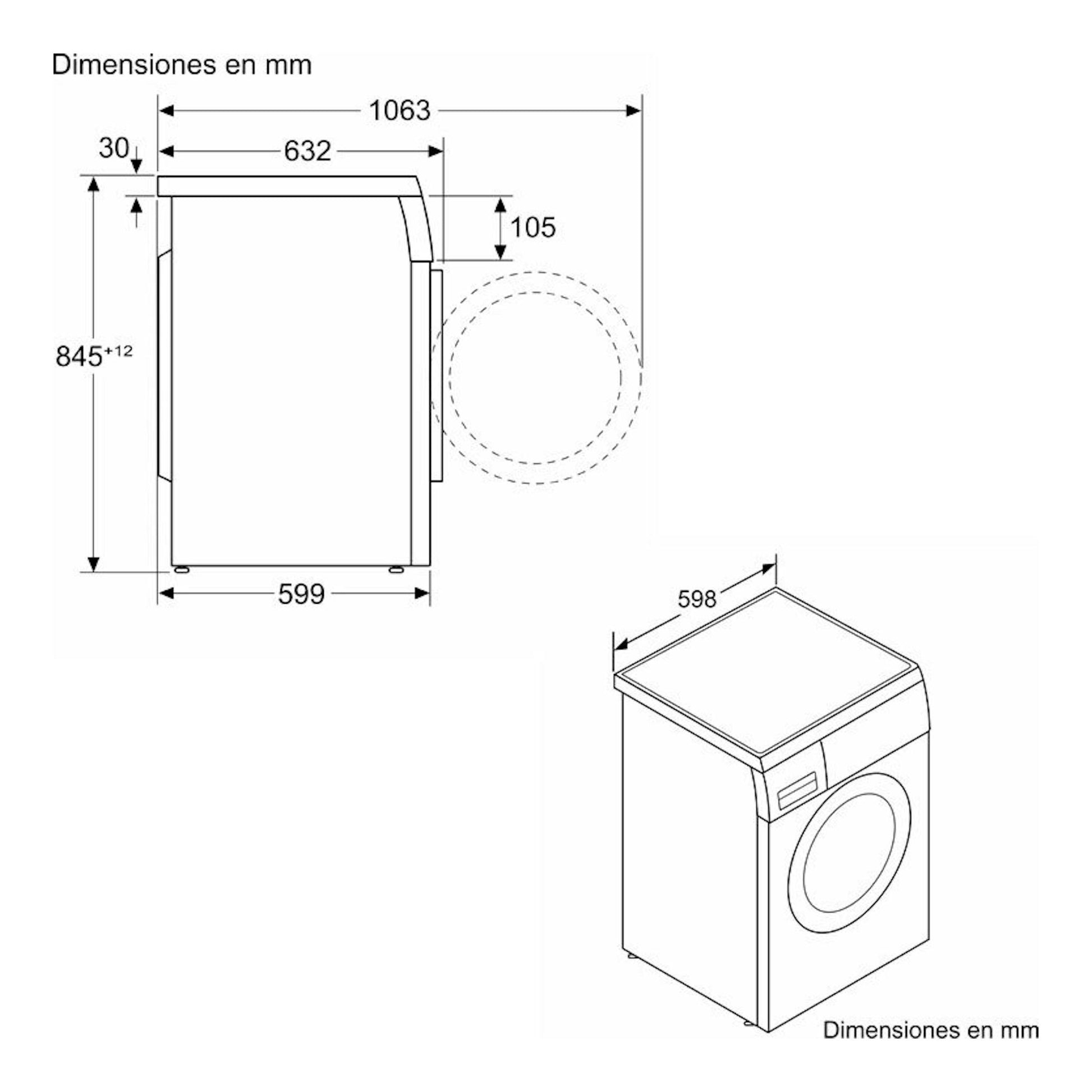 Bosch WUU28T68ES, lavadora en vista lateral e isométrica, plano con medidas en mm.
