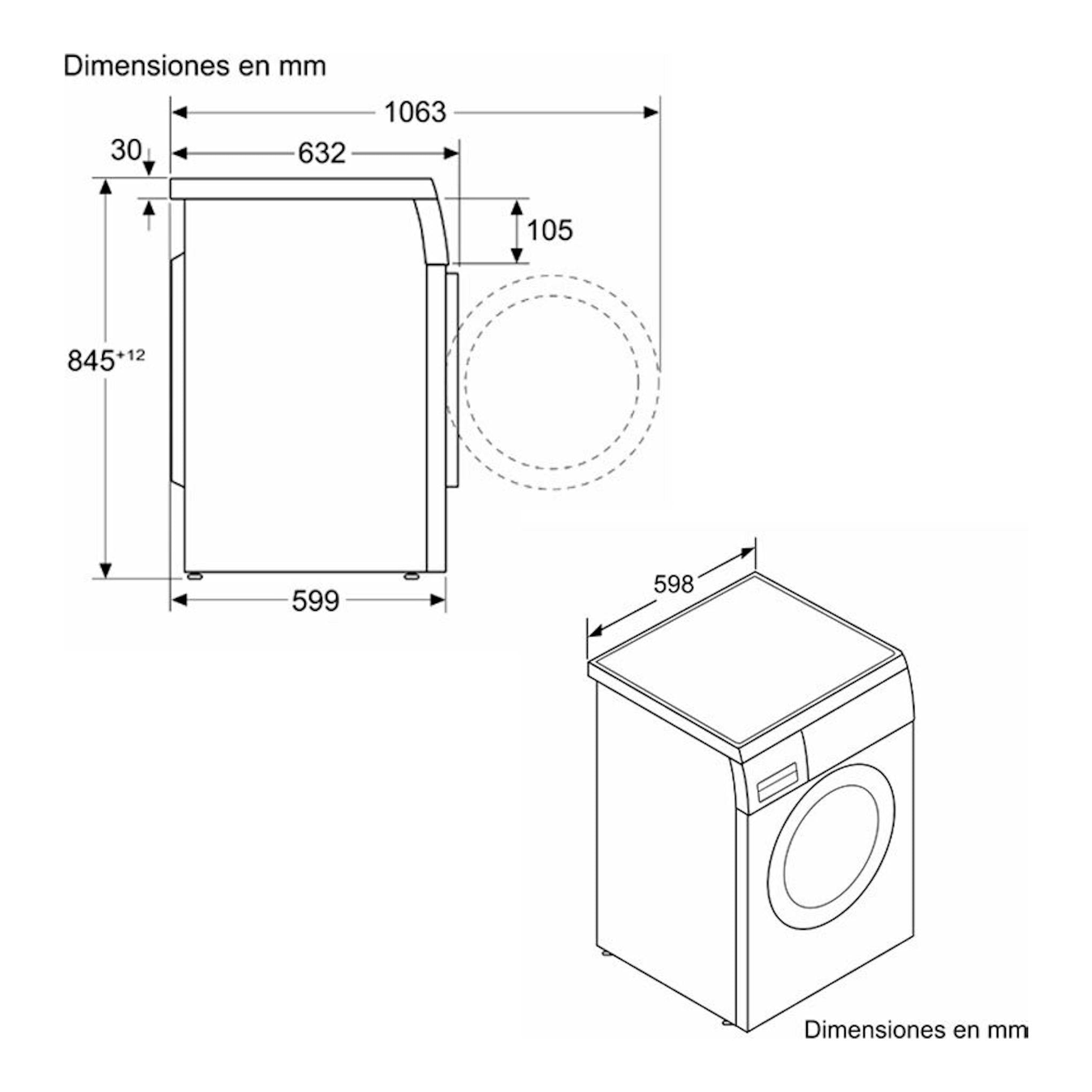 Lavadora Bosch WUU28T6KES blanca, esquema técnico con vista lateral e isométrica y medidas en mm.