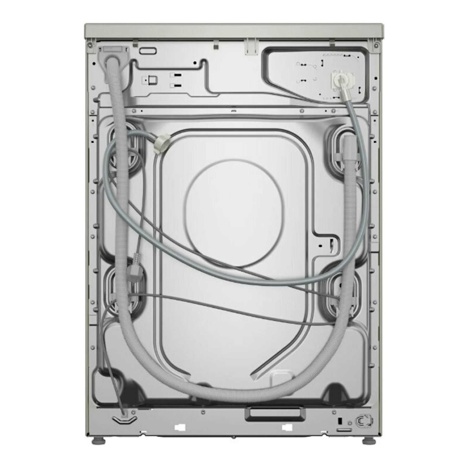 Lavadora Bosch WUU28T6KES, vista trasera, panel metálico gris con mangueras y cables visibles.