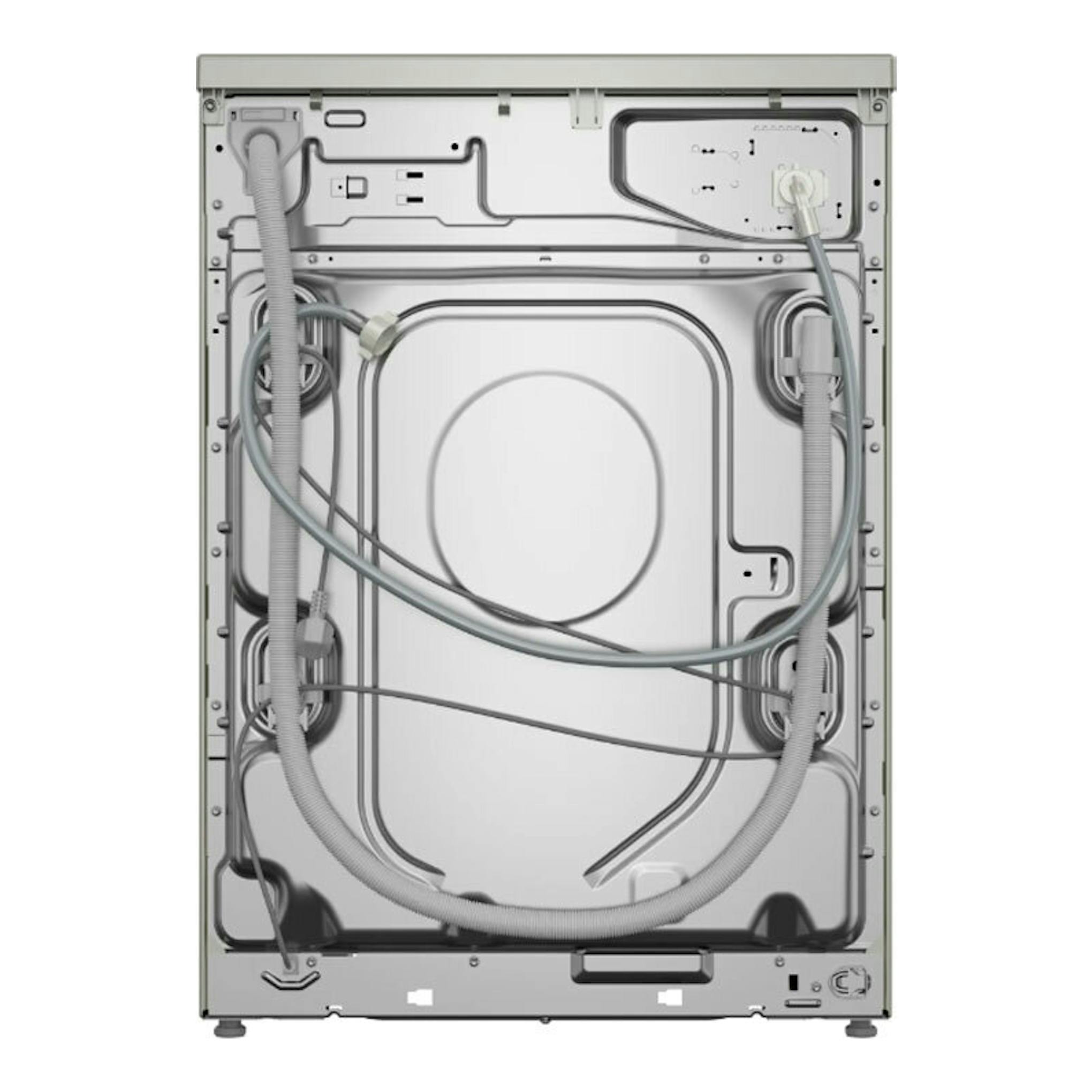 Lavadora Bosch WUU28T6KES, vista trasera, panel metálico gris con mangueras y cables visibles.