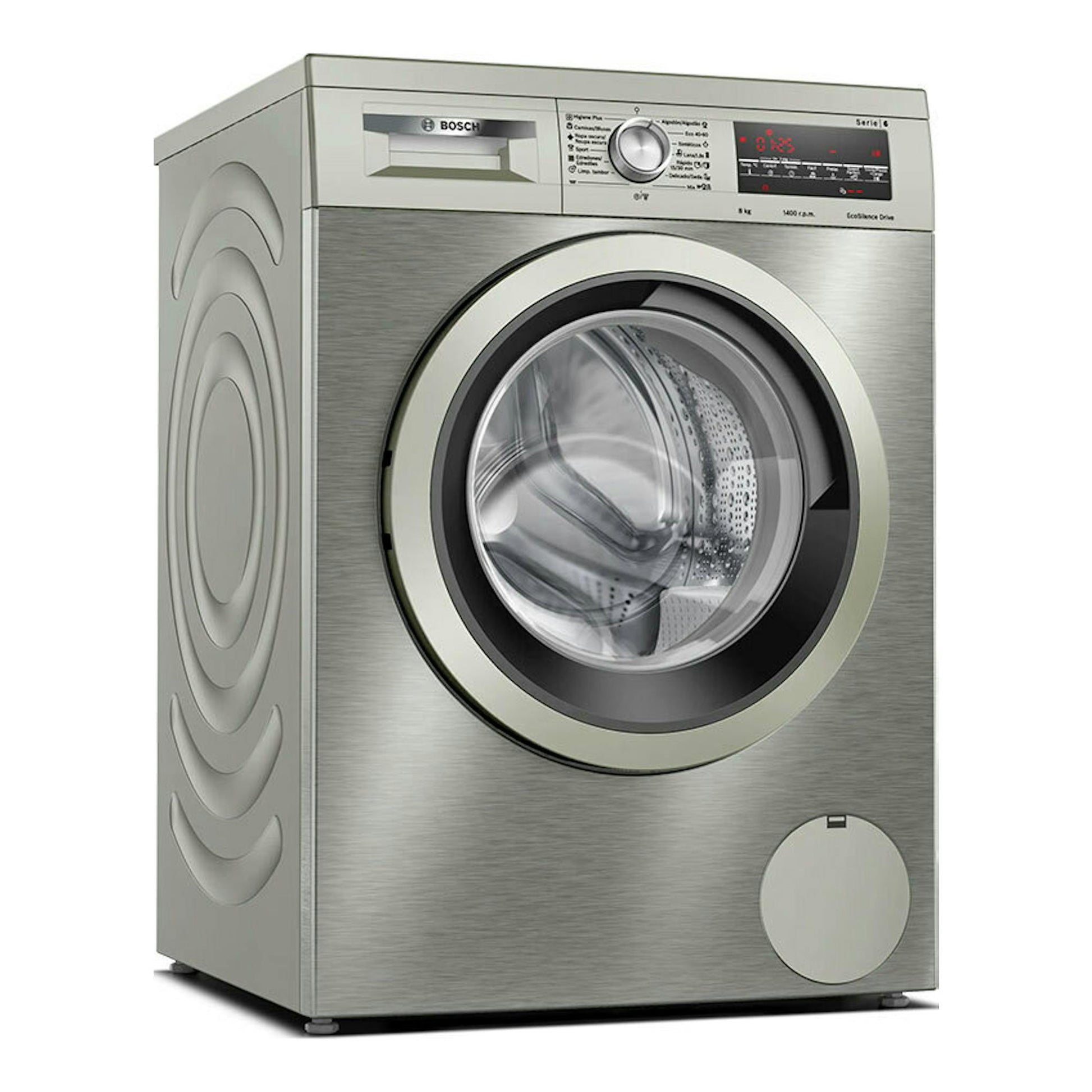 Lavadora Bosch WUU28T8XES plateada, vista frontal en ángulo, con puerta circular y panel digital.