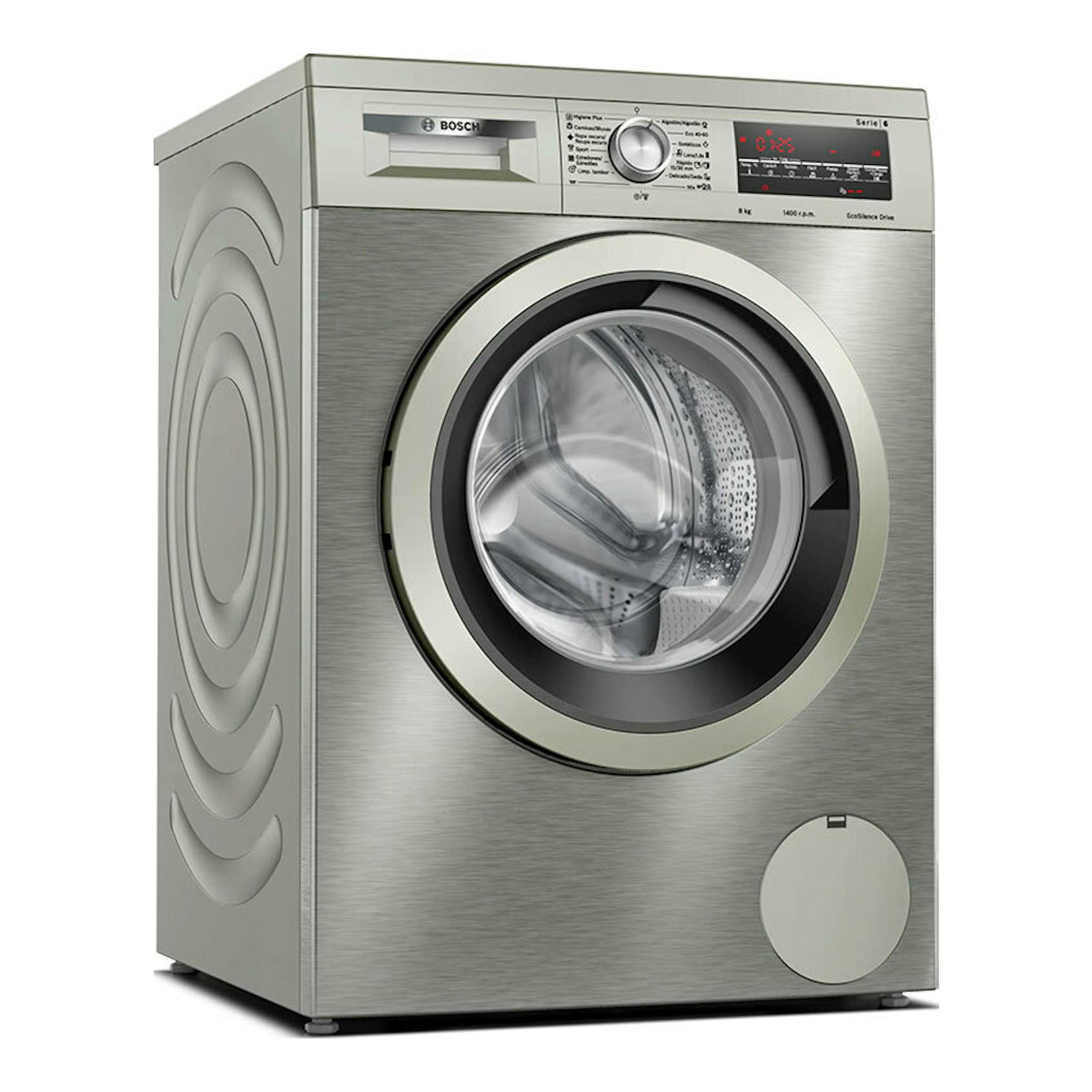 Lavadora Bosch WUU28T8XES plateada, vista frontal en ángulo, con puerta circular y panel digital.