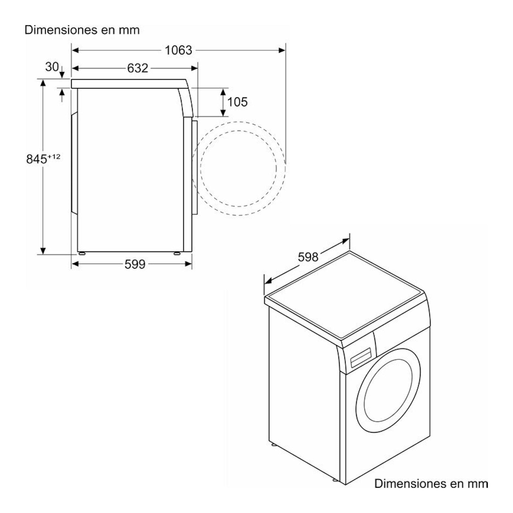 Bosch WUU28T8XES, lavadora blanca de carga frontal 8 kg, vistas lateral e isométrica con medidas en mm.