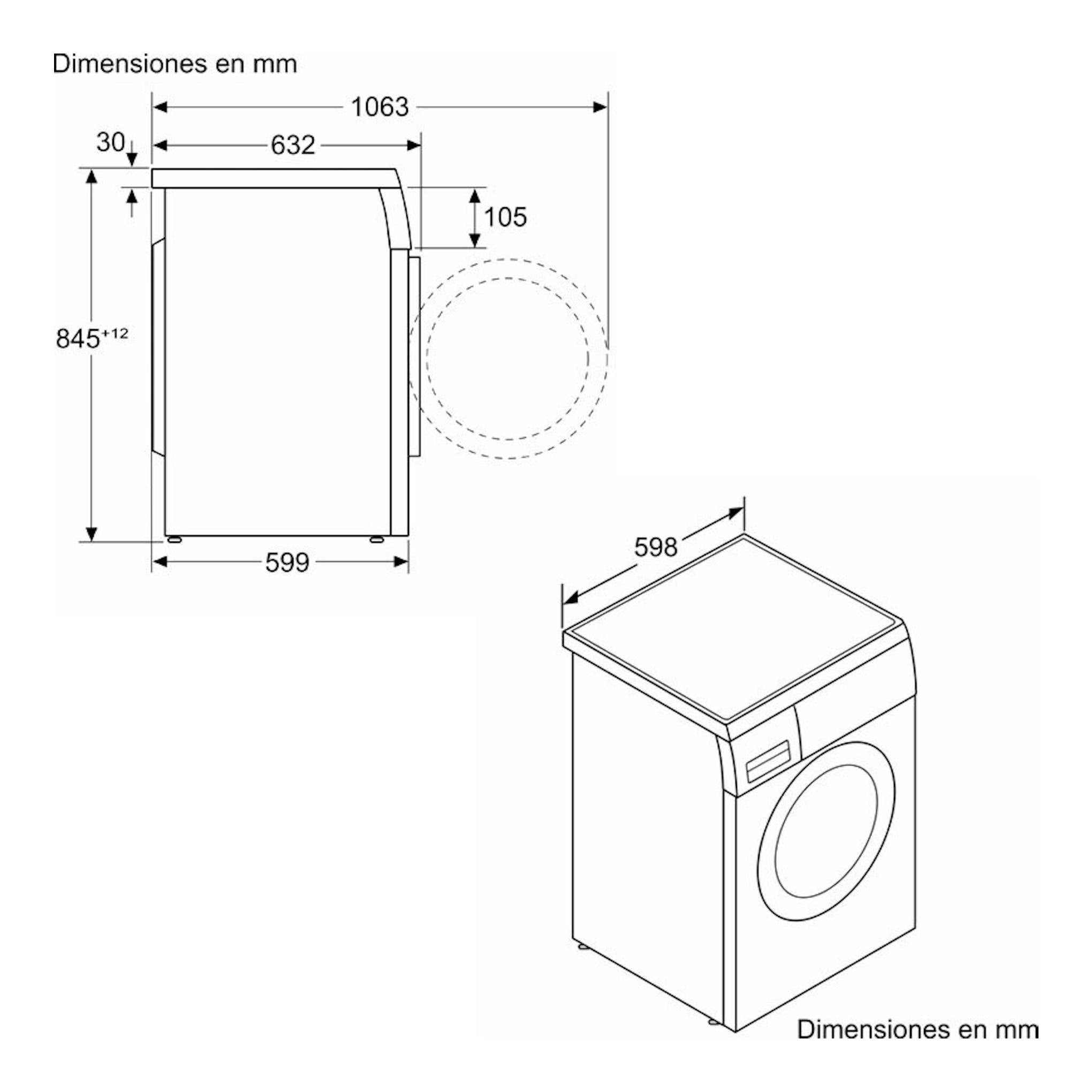 Bosch WUU28T8XES, lavadora blanca de carga frontal 8 kg, vistas lateral e isométrica con medidas en mm.