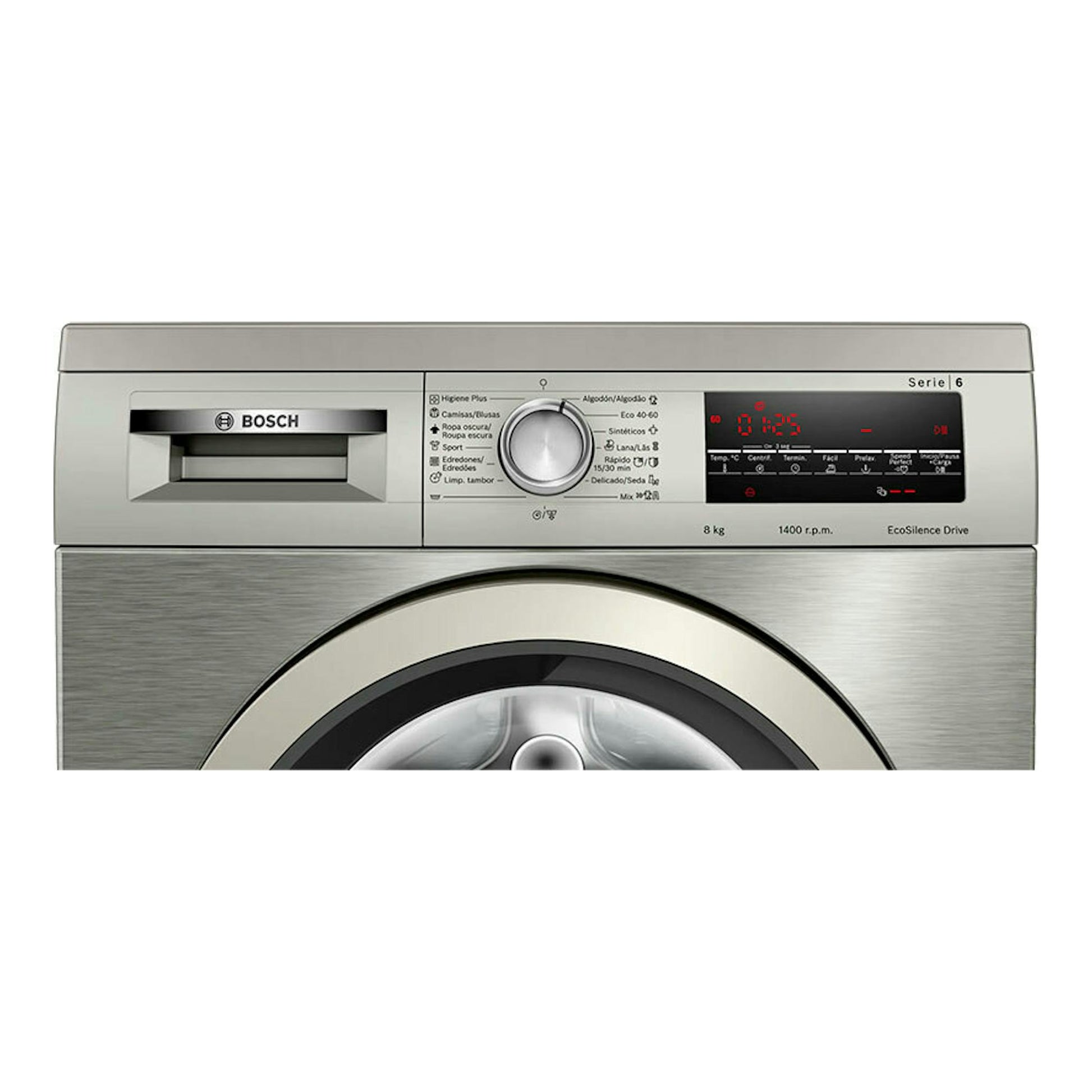 Lavadora Bosch WUU28T8XES blanca, vista frontal, con panel digital negro y puerta de carga frontal.