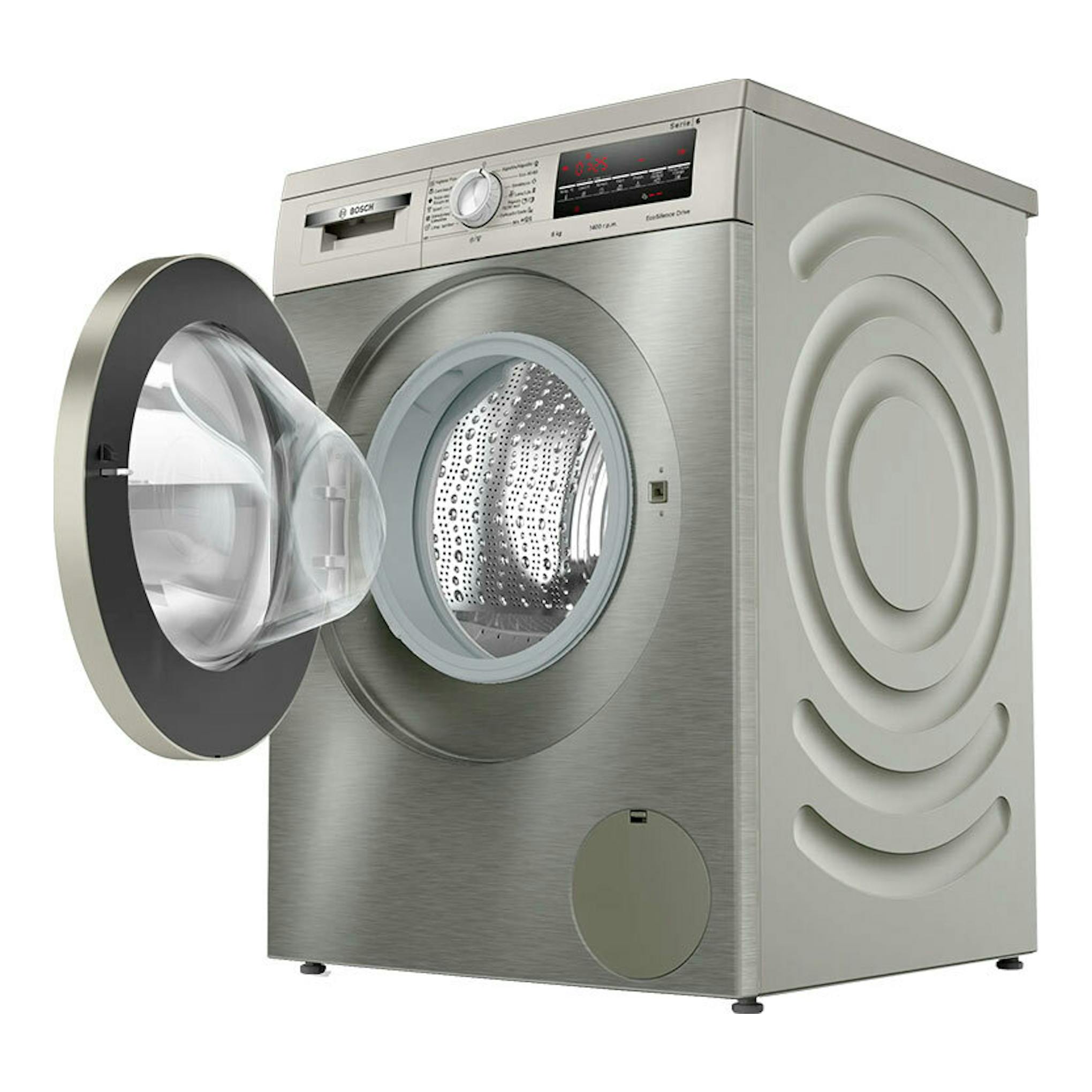 Lavadora Bosch WUU28T8XES plateada, vista frontal en ángulo, con puerta circular abierta.