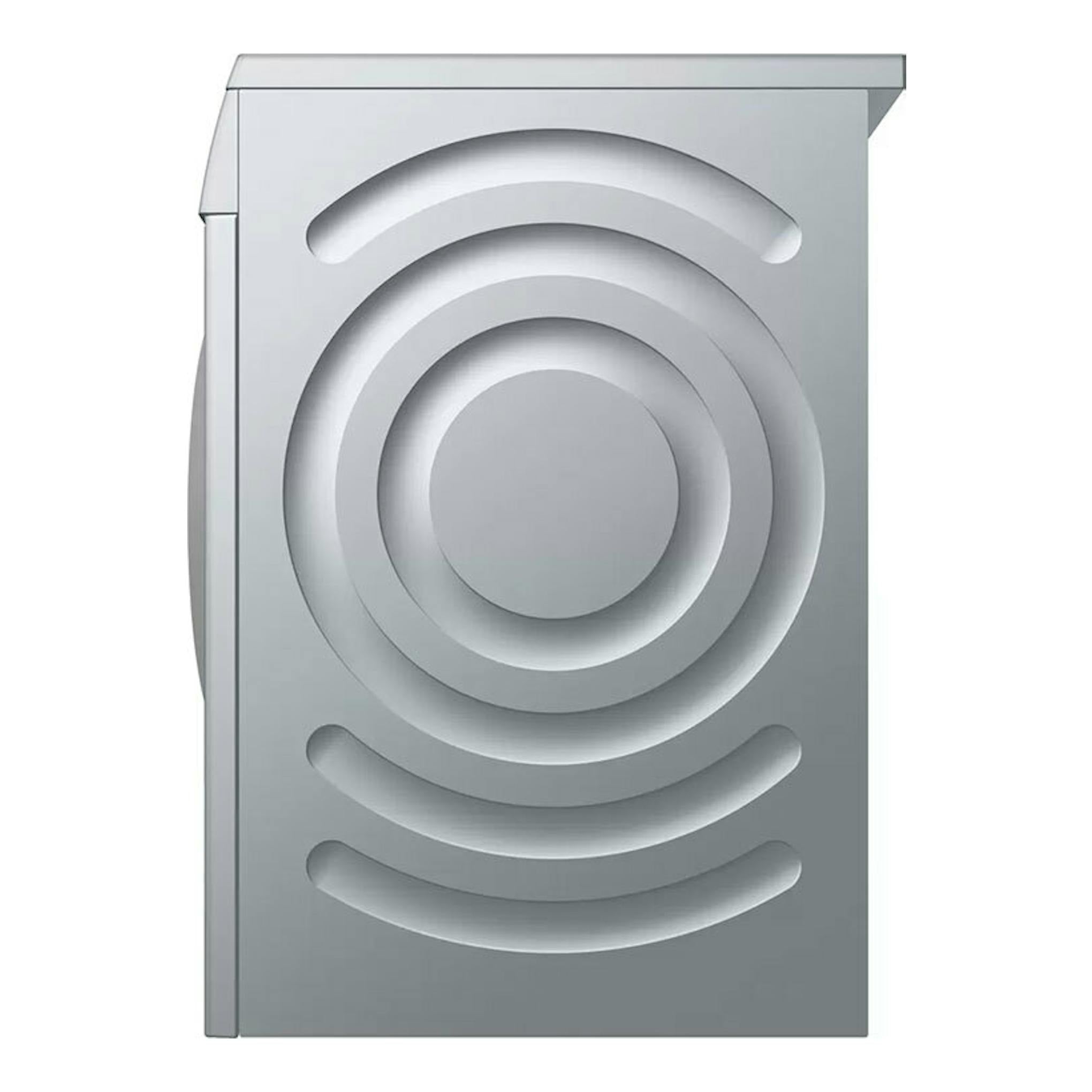 Lavadora Bosch WUU28T8XES plateada, vista frontal, con diseño circular en el panel.
