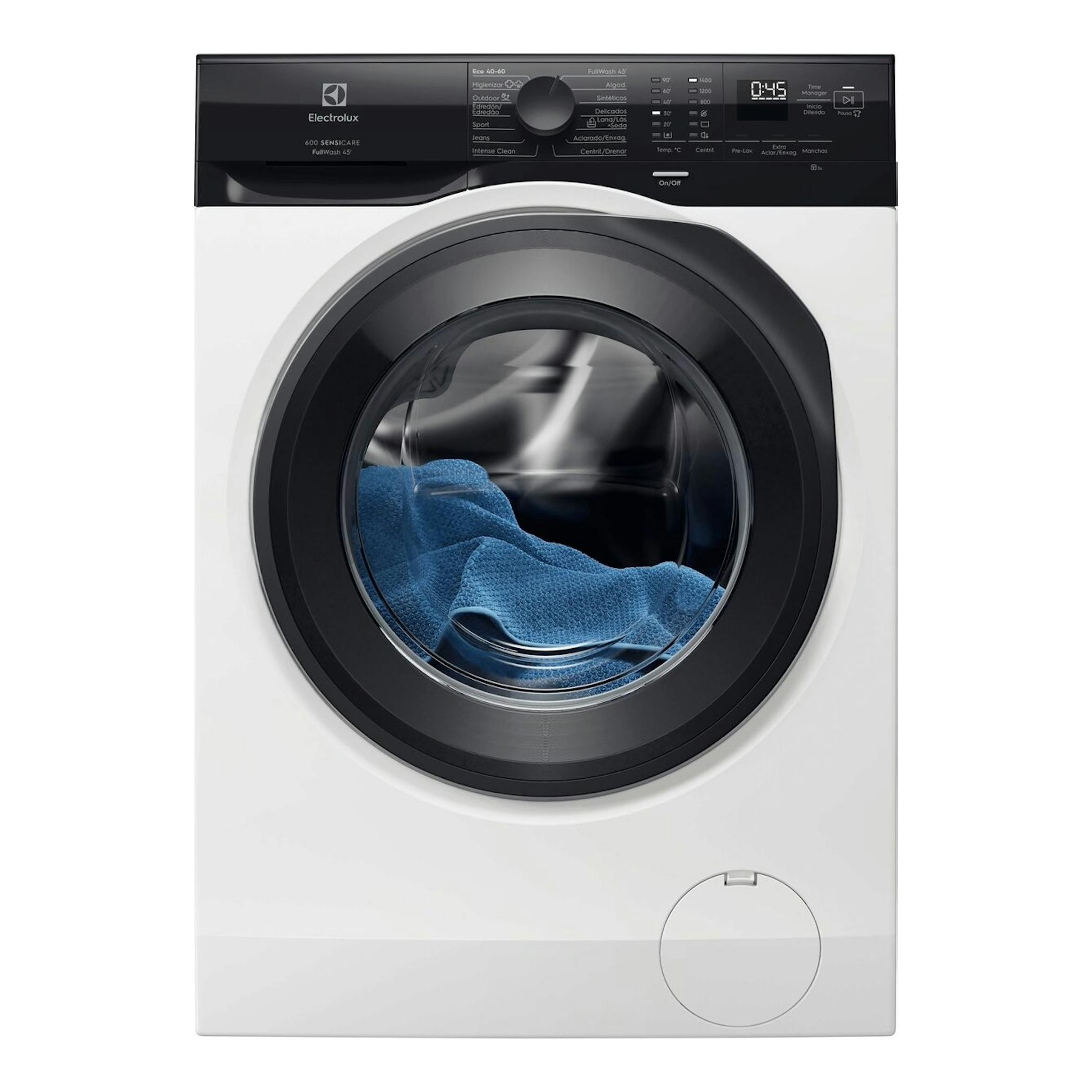 Lavadora frontal Electrolux EFE6954O2B blanca, vista frontal, con panel negro y ropa azul en el tambor.