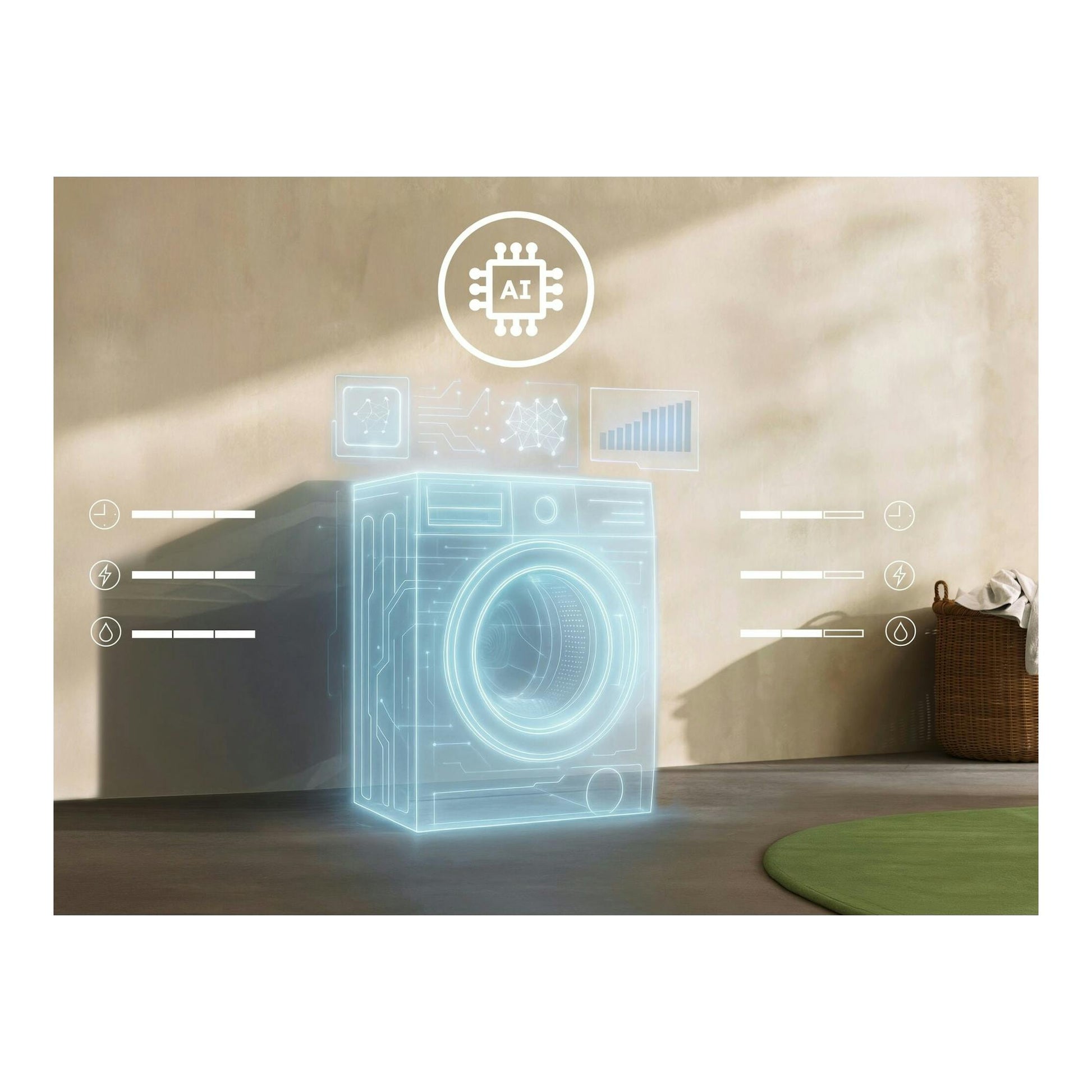 Ilustración de lavadora Electrolux EFE6954O2B de carga frontal, vista frontal, con icono AI.