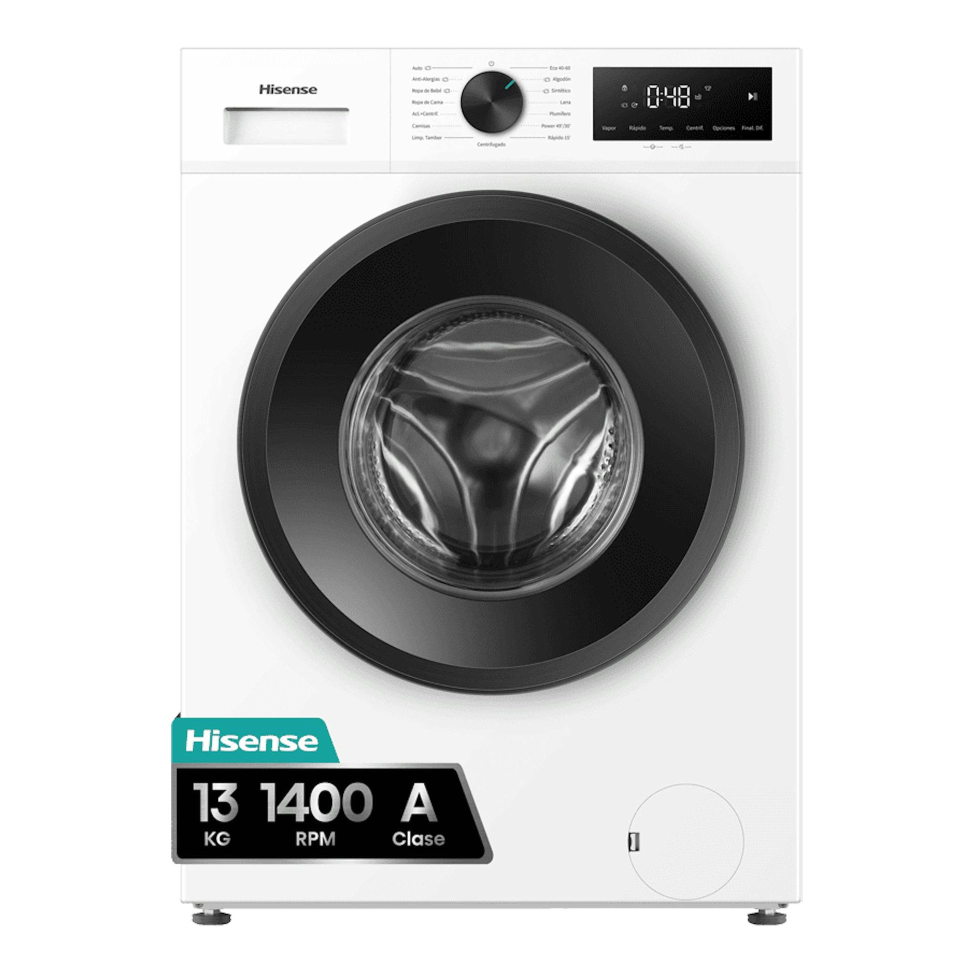 Lavadora frontal Hisense WF1I1342BWM blanca, con puerta negra circular y panel digital superior.