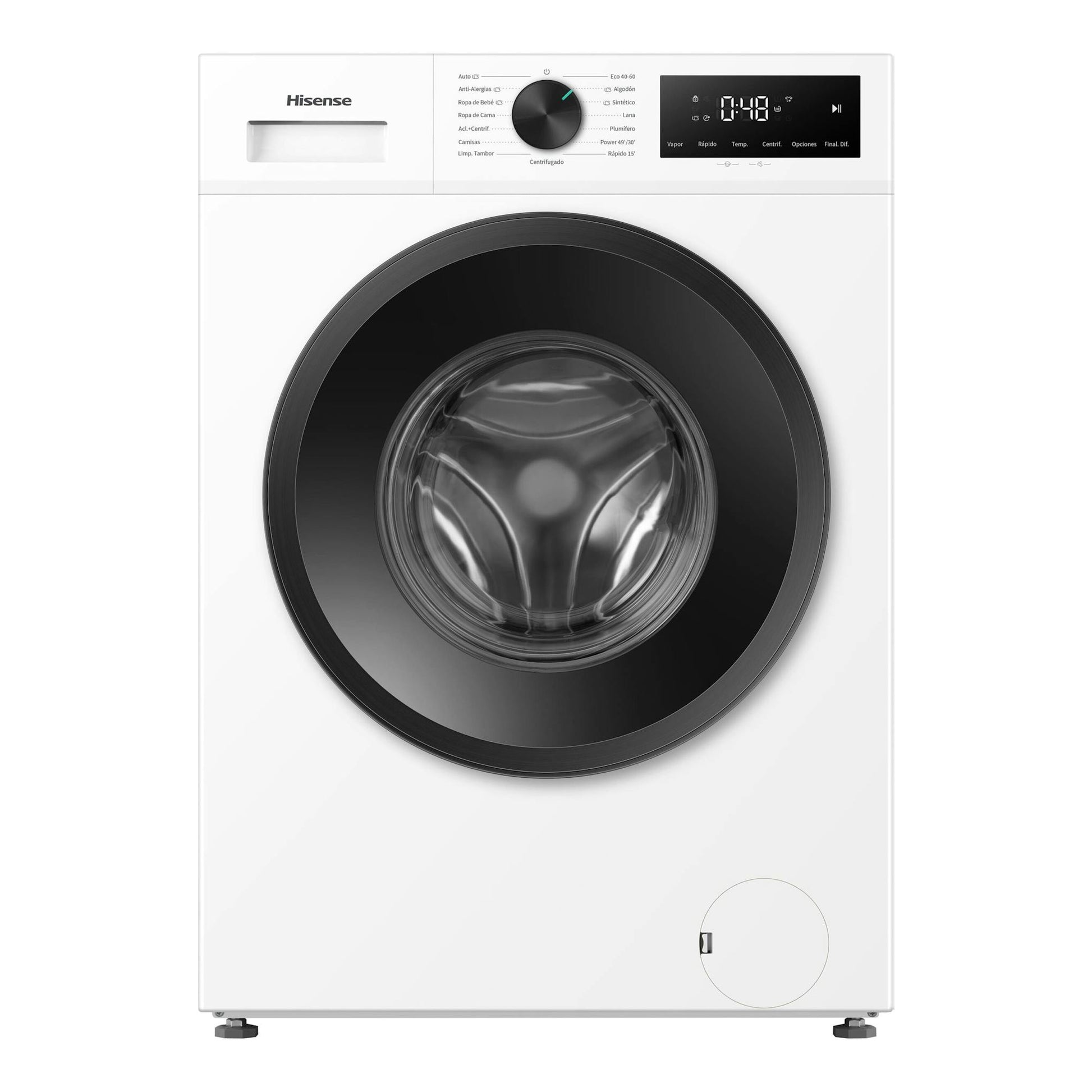 Lavadora de carga frontal Hisense WF1I1342BWM blanca, con puerta negra circular y panel digital superior.