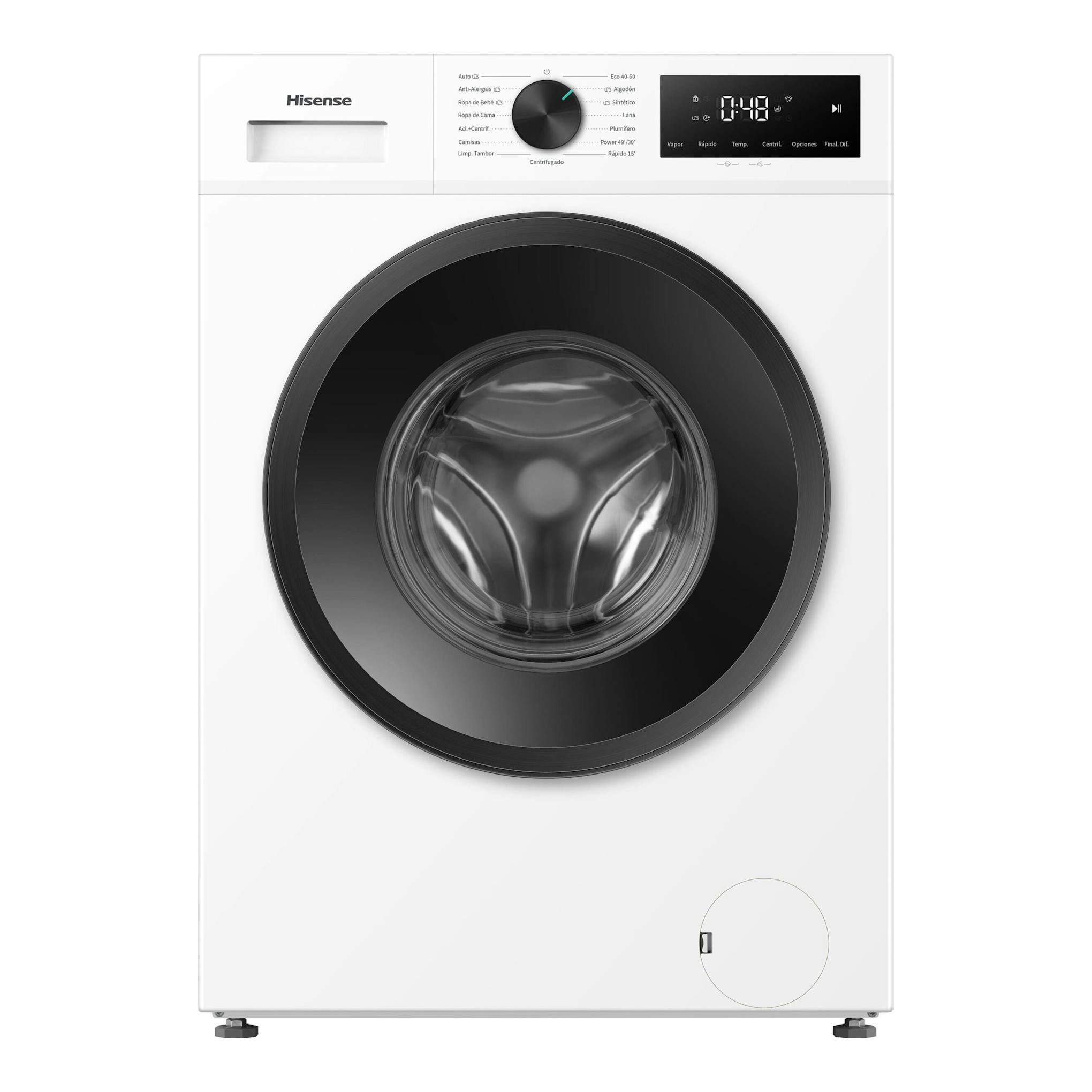 Lavadora de carga frontal Hisense WF1I1342BWM blanca, con puerta negra circular y panel digital superior.