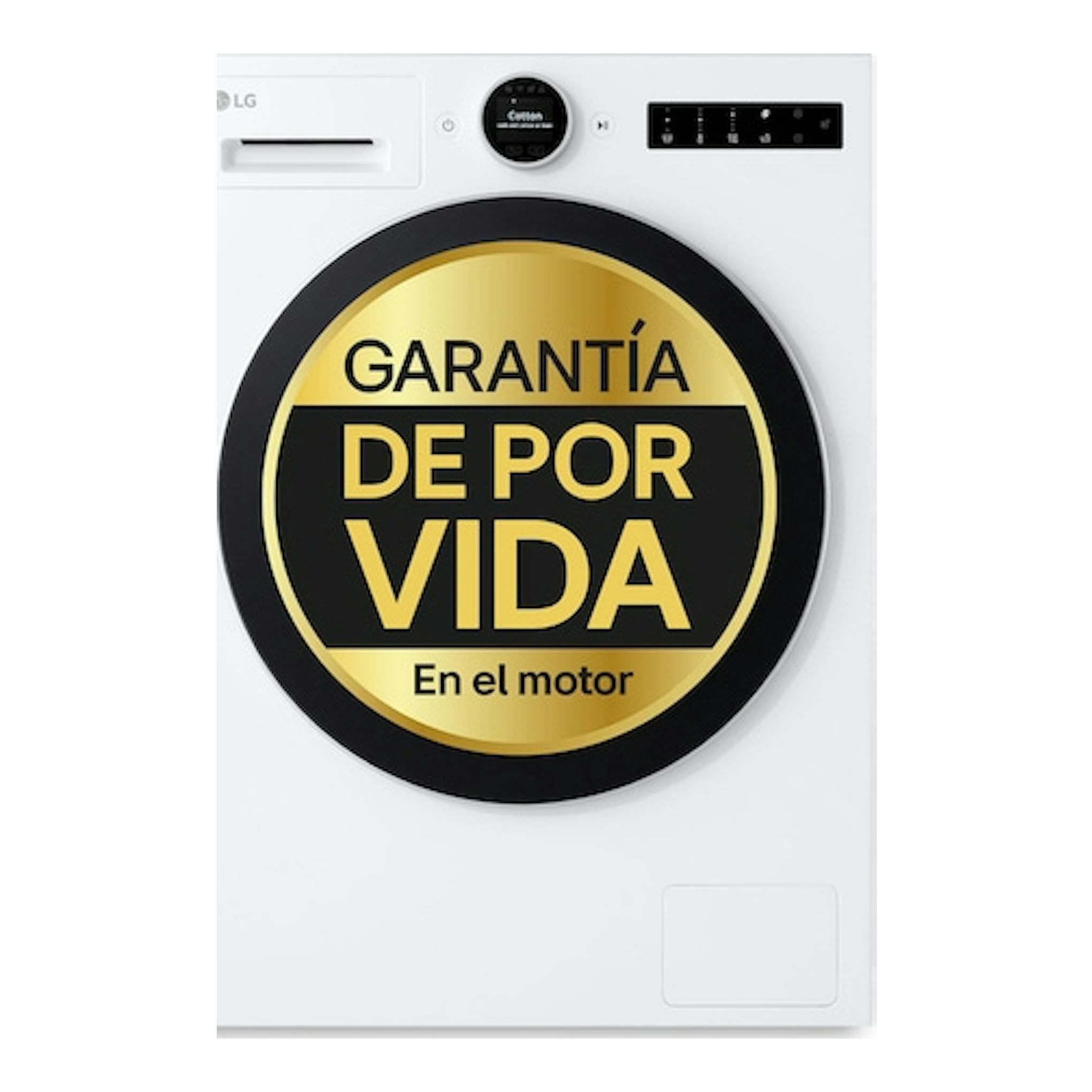 Lavadora LG blanca de carga frontal, vista frontal, con sello dorado “Garantía de por vida” en el motor.
