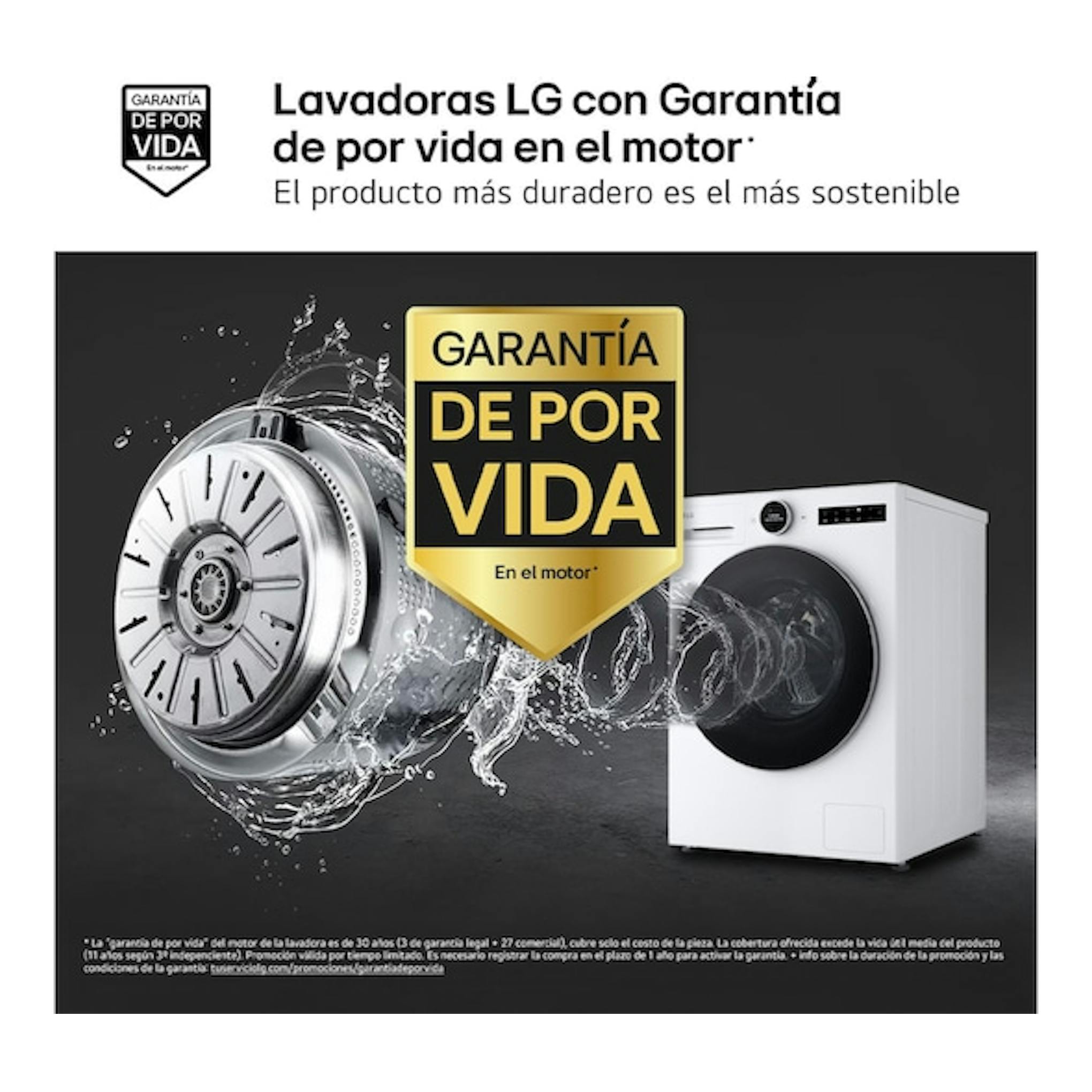 Lavadora LG F4X7513TWS blanca de carga frontal, vista frontal, con sello “Garantía de por vida”.