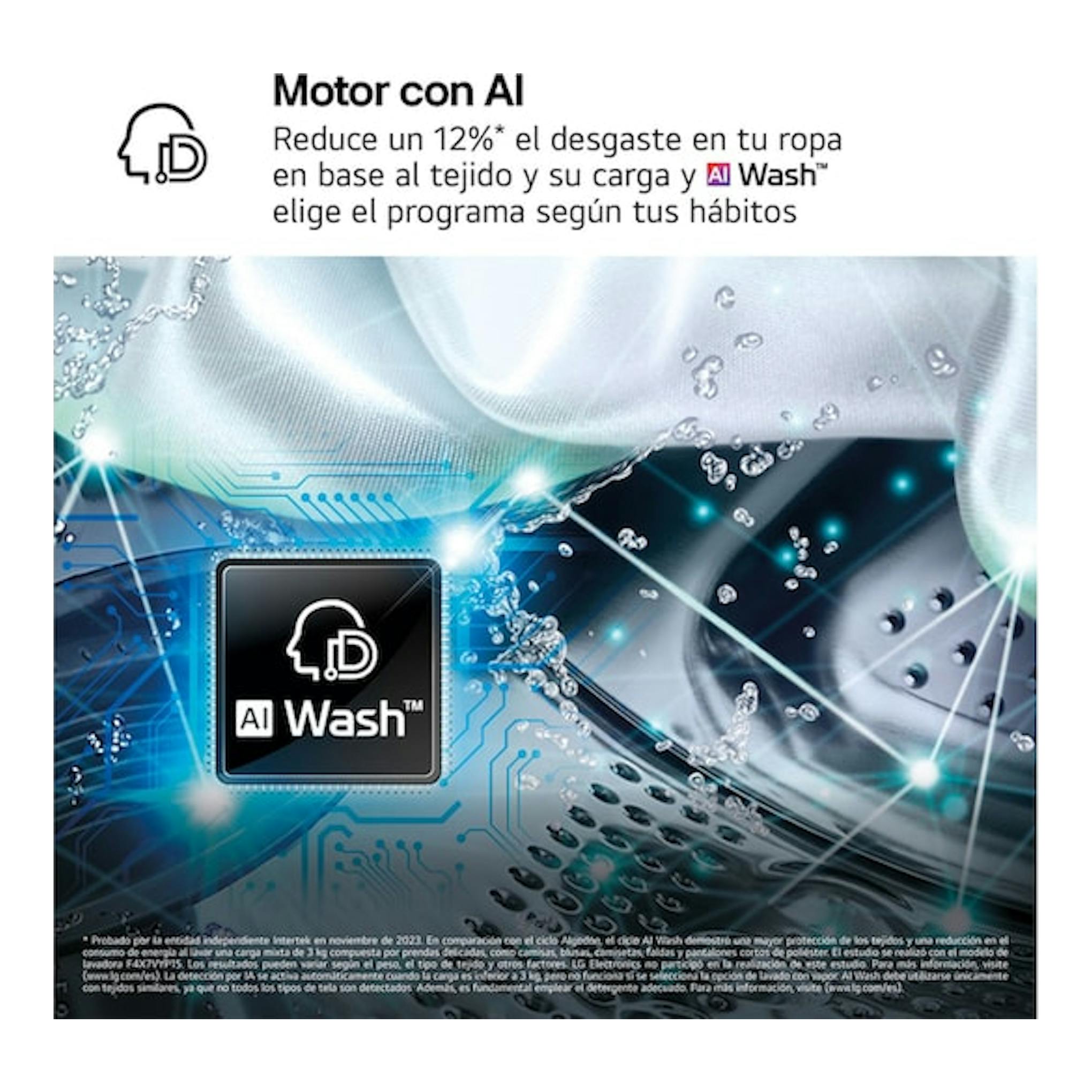 Gráfico promocional de LG AI Wash con icono de motor con IA y texto sobre reducción de desgaste.