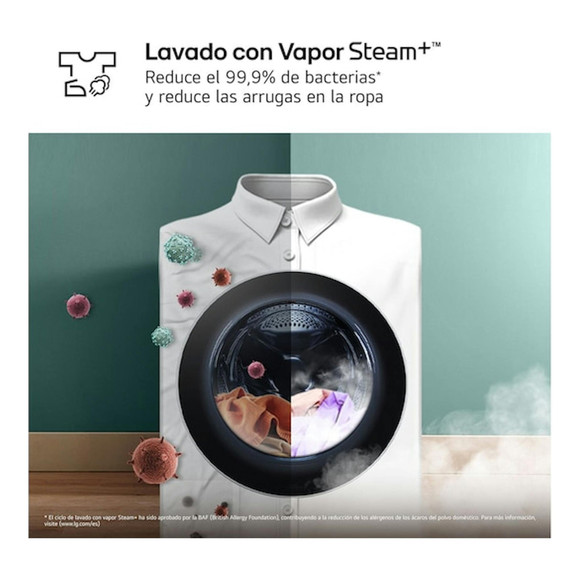 Lavadora LG F4X7513TWS de carga frontal, vista frontal, blanca, con ropa y vapor en el tambor.