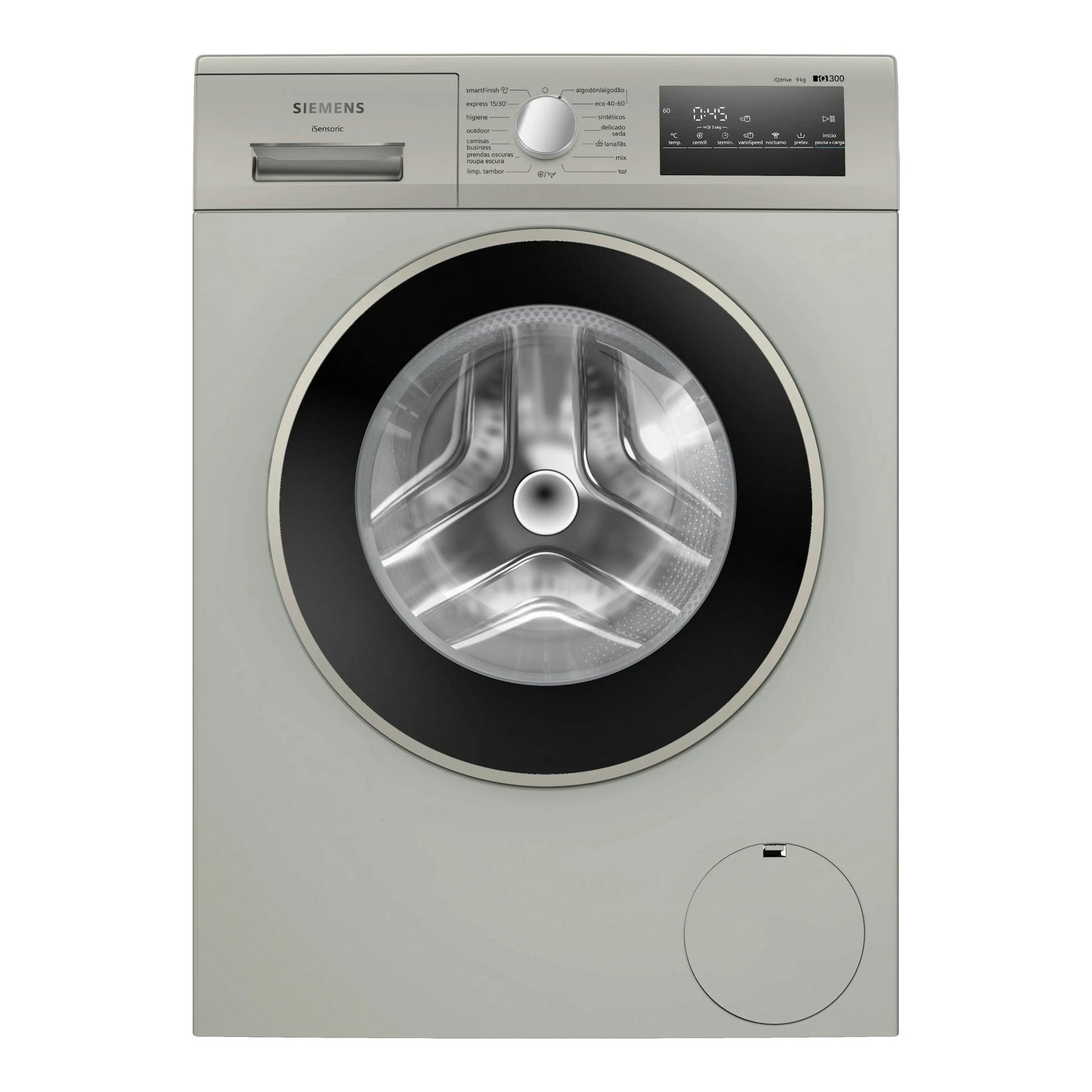 Lavadora frontal Siemens WM14N20XEP gris, vista frontal, con puerta negra y panel digital superior.