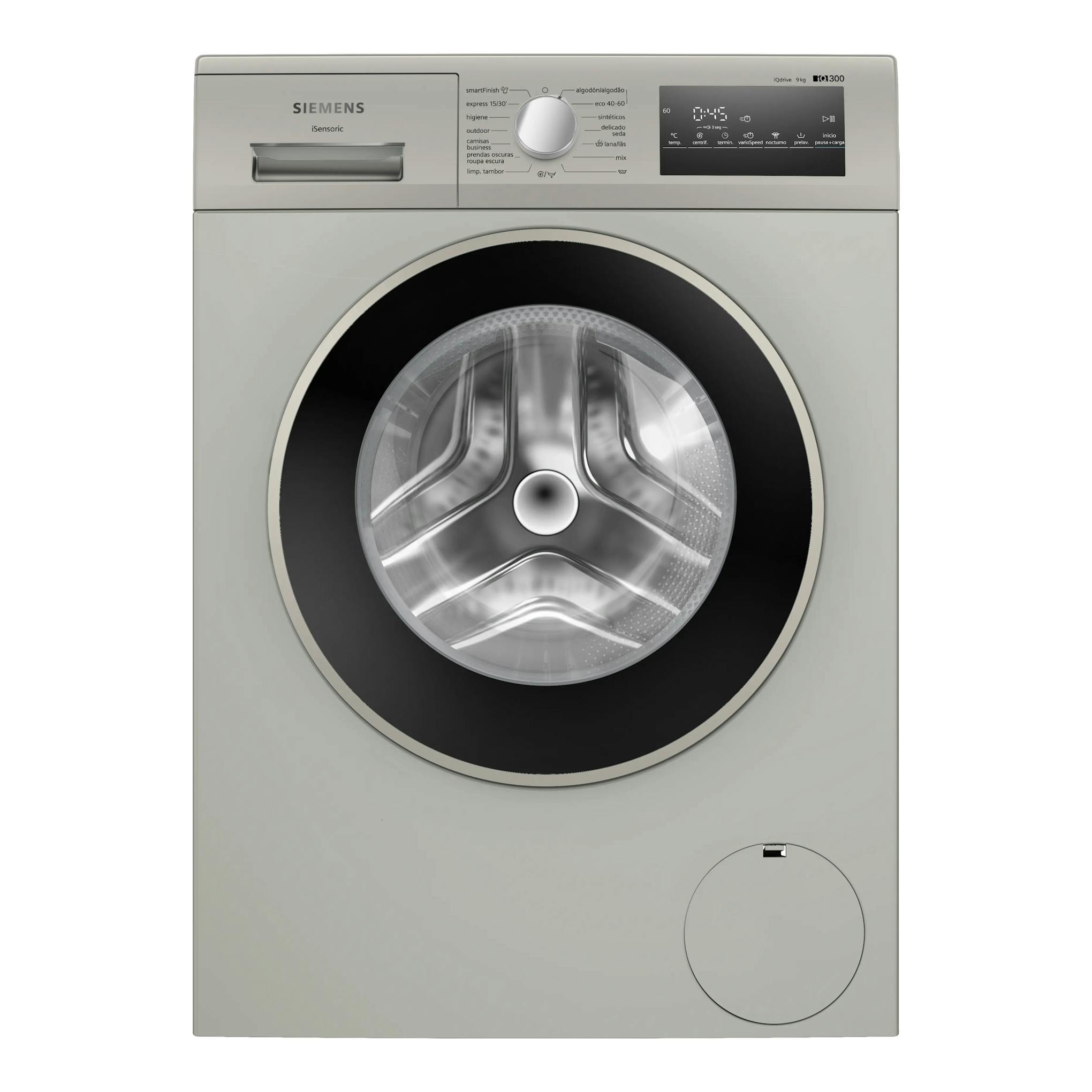 Lavadora frontal Siemens WM14N20XEP gris, vista frontal, con puerta negra y panel digital superior.