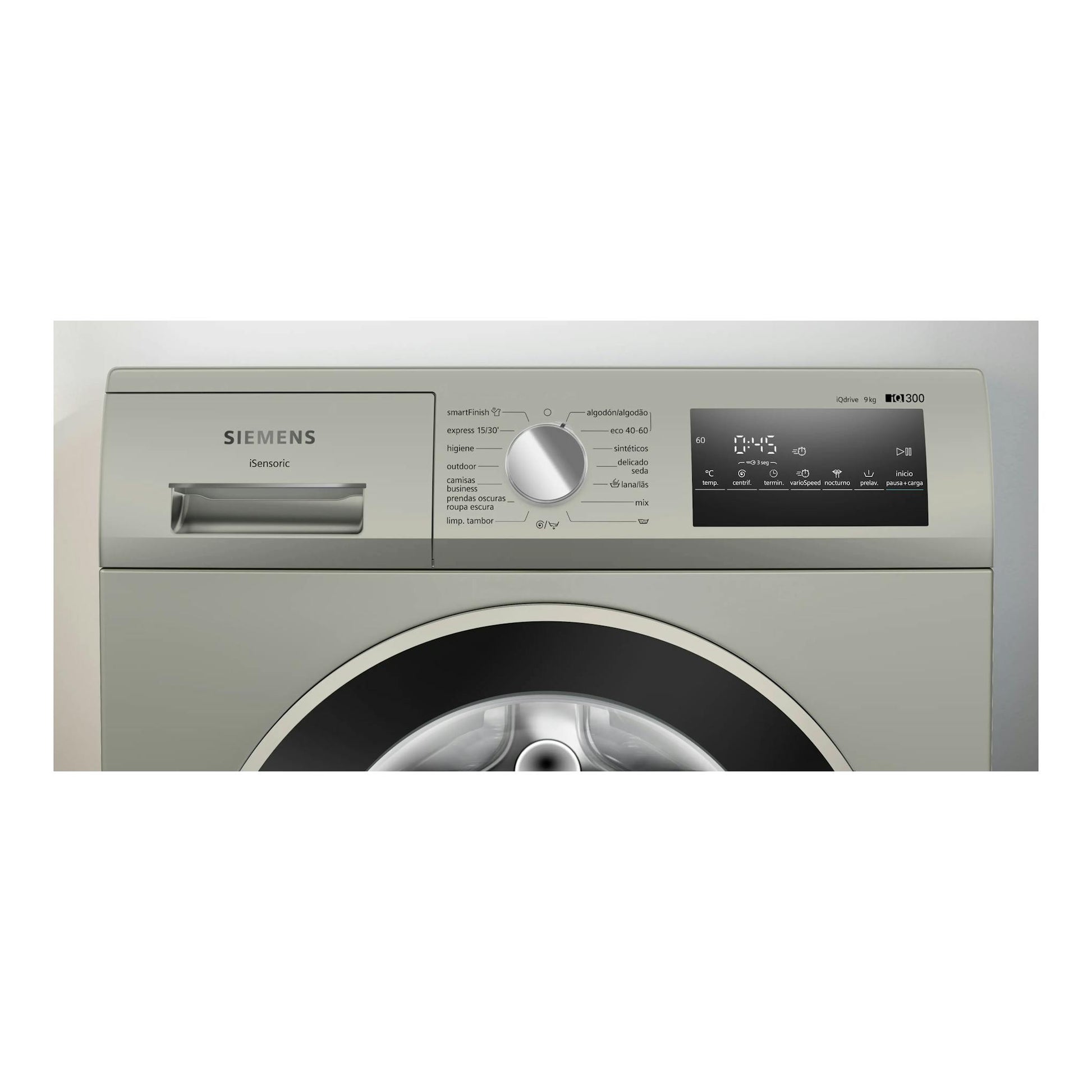Lavadora de carga frontal Siemens WM14N20XEP gris, vista frontal, con panel digital y puerta circular negra.