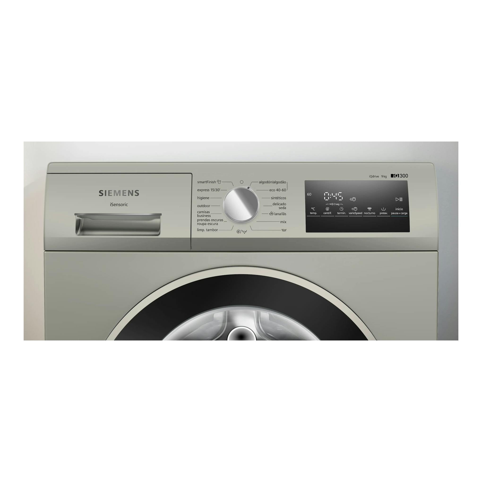 Lavadora de carga frontal Siemens WM14N20XEP gris, vista frontal, con panel digital y puerta circular negra.
