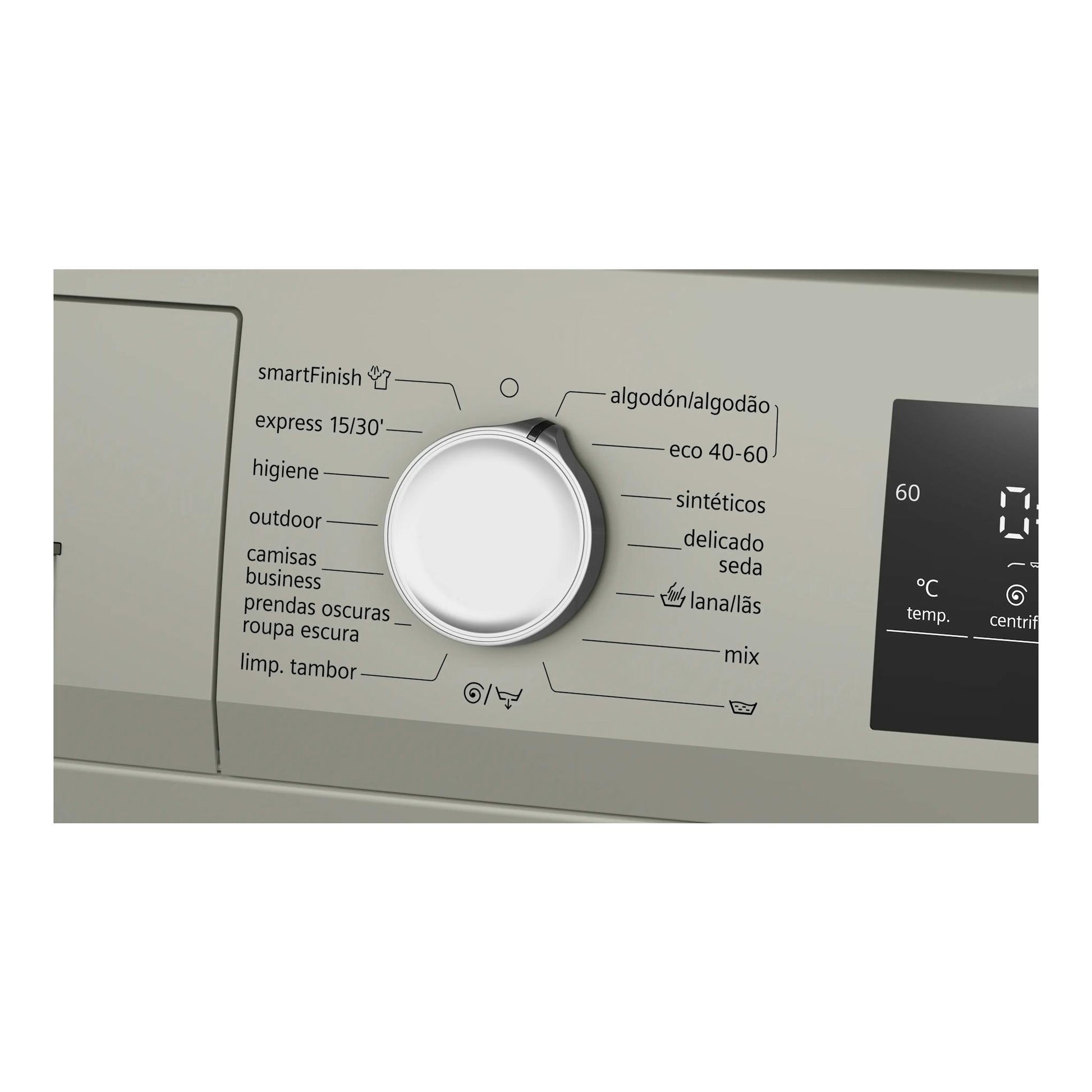 Panel frontal de lavadora Siemens WM14N20XEP gris, con selector de programas y pantalla digital.