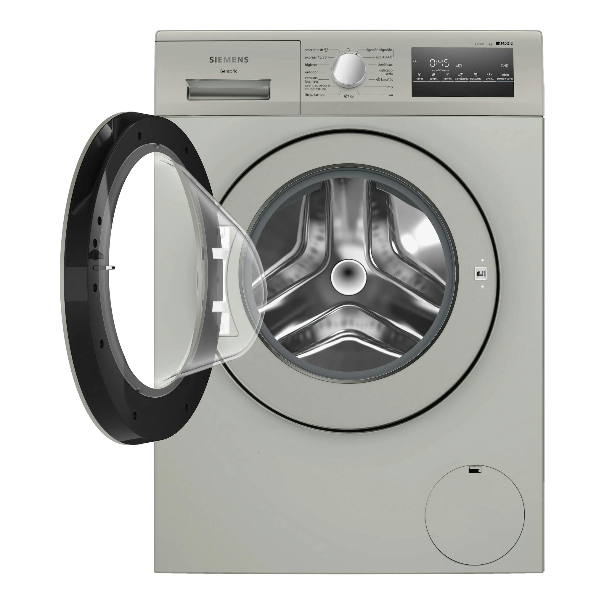 Lavadora de carga frontal Siemens WM14N20XEP gris plata, vista frontal con la puerta abierta.