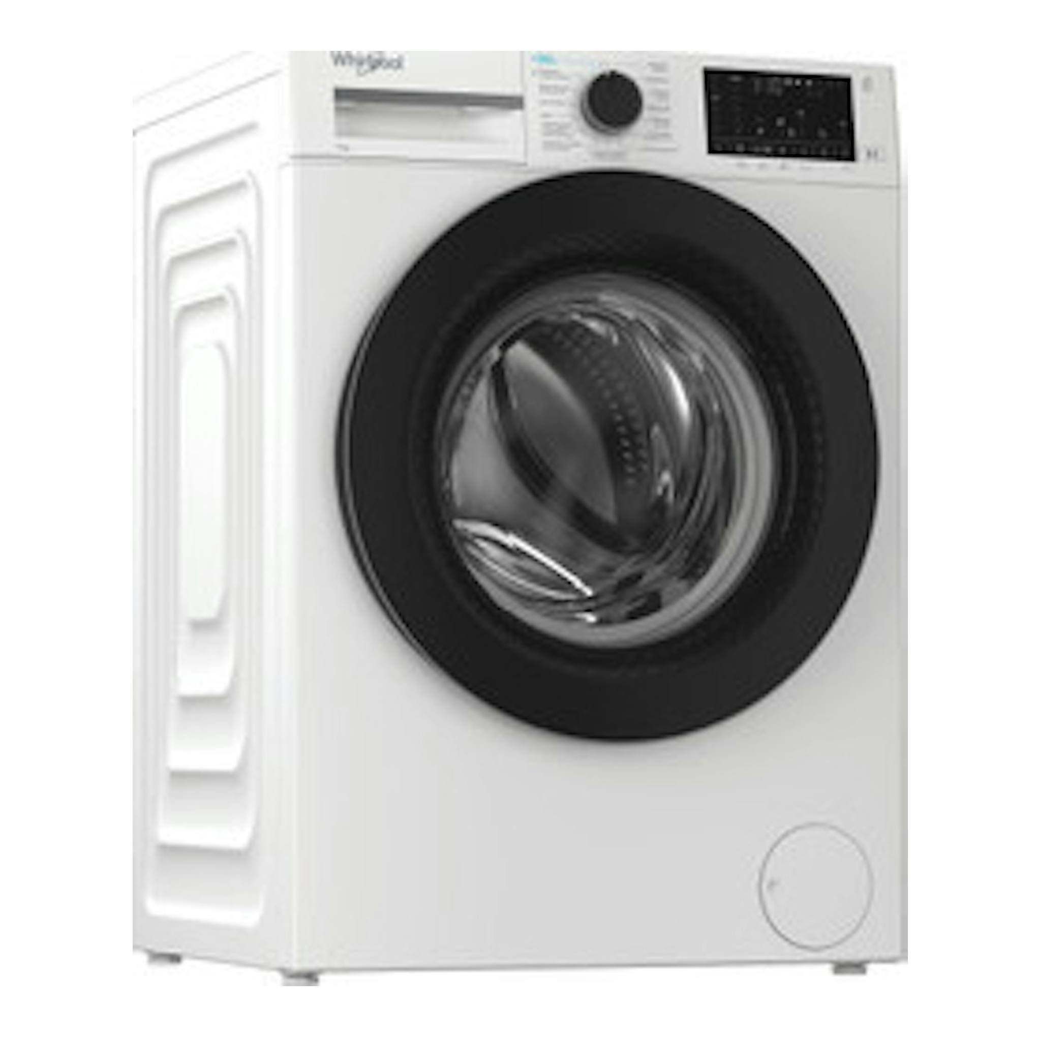 Lavadora de carga frontal Whirlpool WAM 07WB SPT blanca, vista frontal en ángulo, con puerta negra.