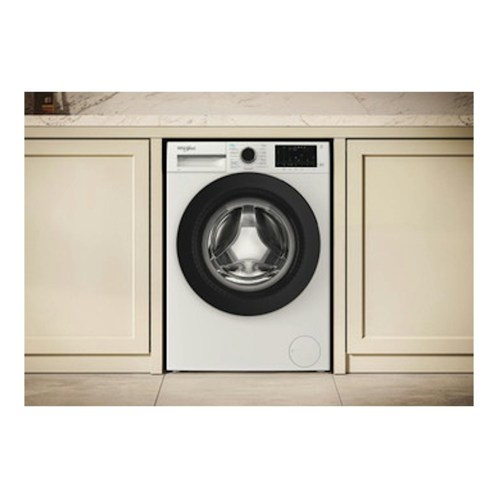 Lavadora frontal Whirlpool WAM 07WB SPT blanca, vista frontal, integrada entre muebles.