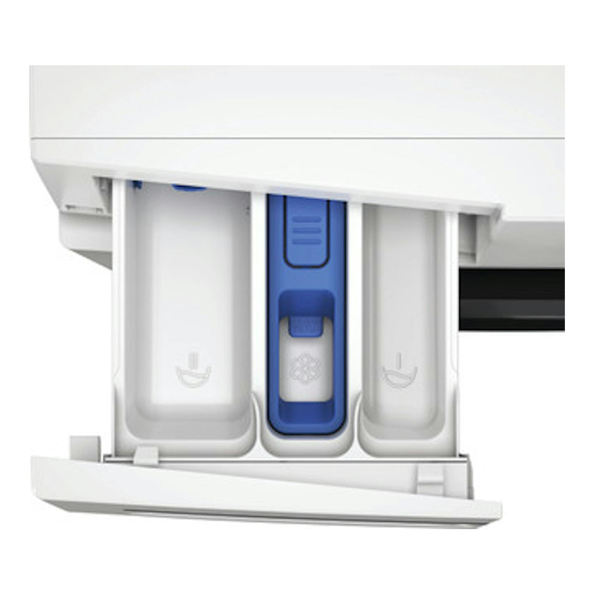 Primer plano del cajón de detergente blanco y azul de una lavadora Whirlpool WAM 07WB SPT.