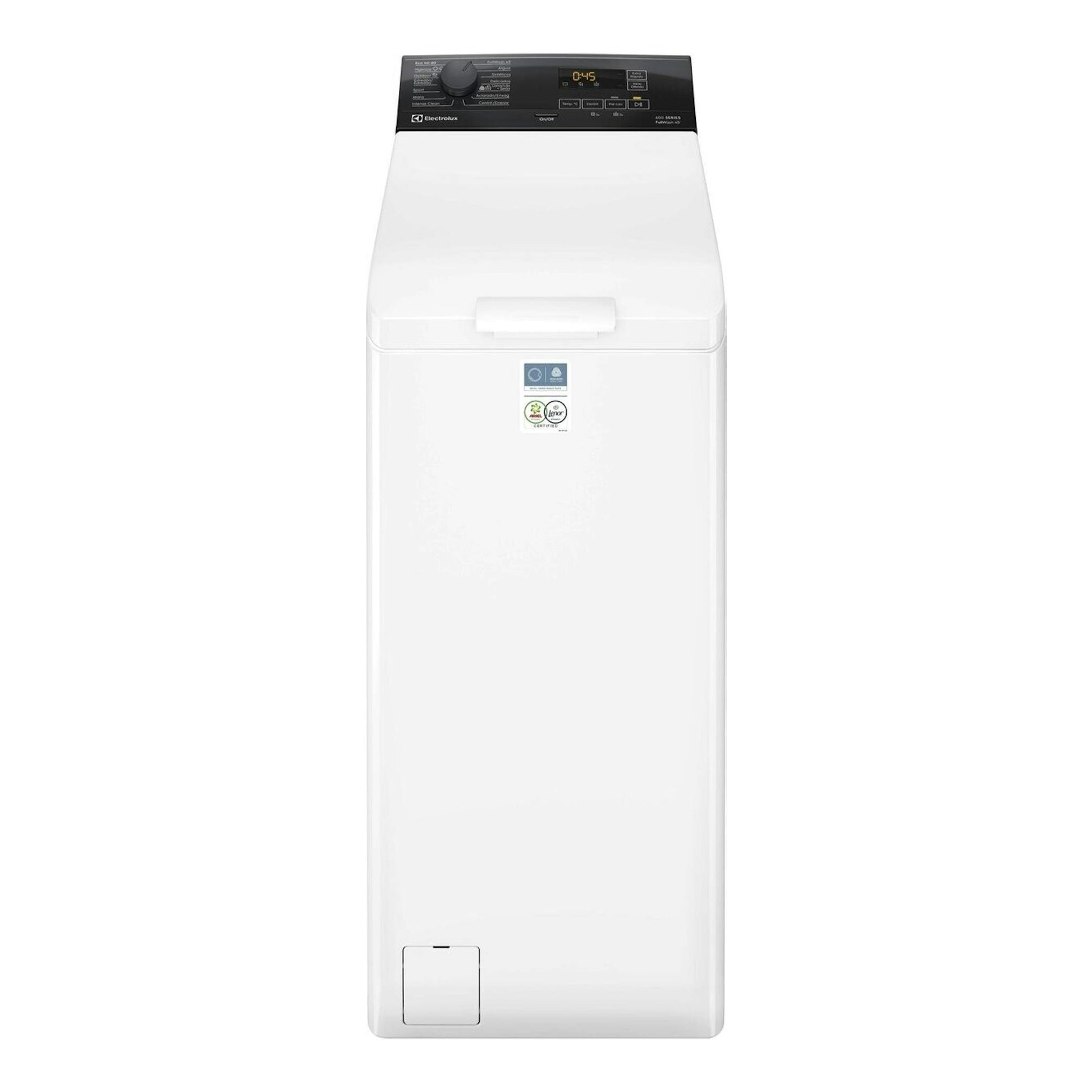 Lavadora de carga superior Electrolux ETE6162P1A, blanca, vista frontal, con panel negro superior digital.