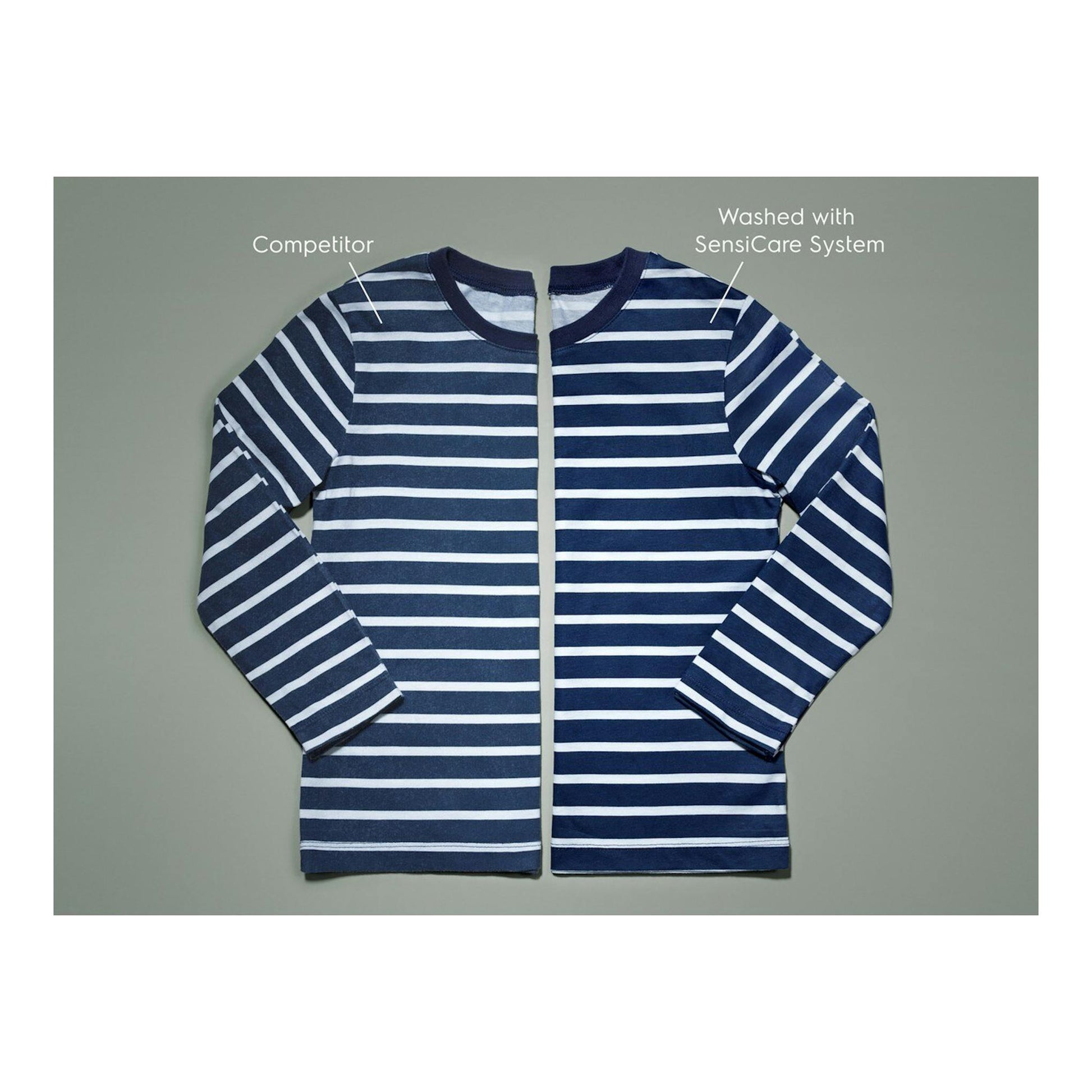 Camiseta de manga larga a rayas azul marino y blancas, dividida en dos, con etiquetas comparativas.