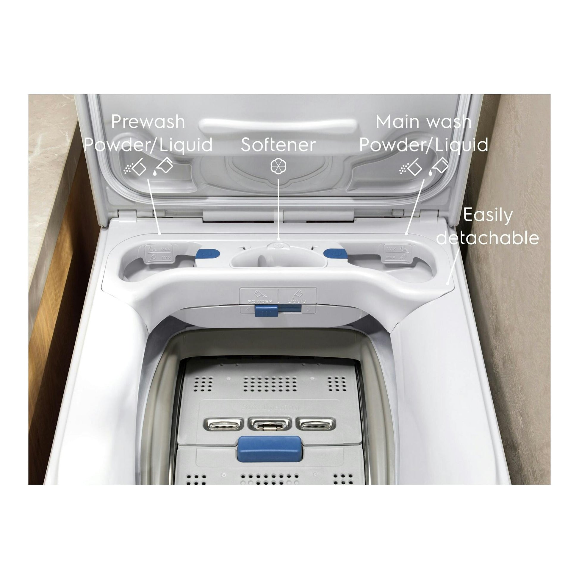 Lavadora de carga superior Electrolux ETE6162P1A, vista cenital del compartimento de detergente y tambor, en blanco.