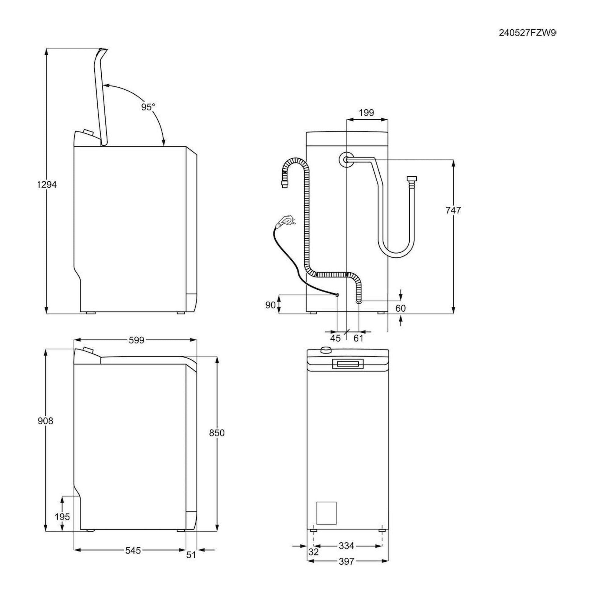 Plano técnico de lavadora de carga superior Electrolux ETE6162P1A, con vistas frontal, lateral y superior.