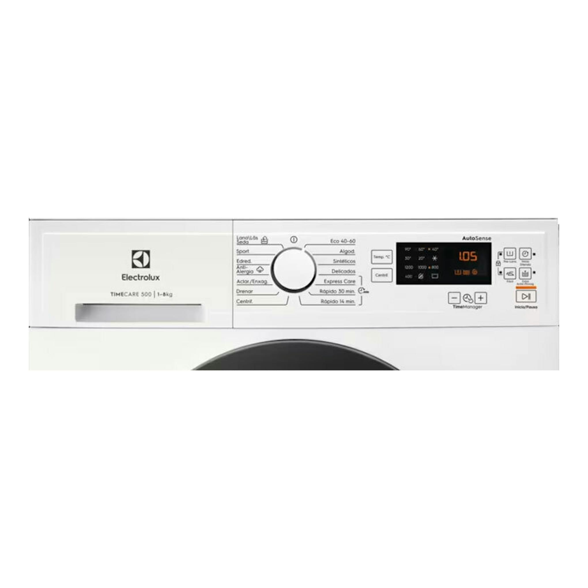 Lavadora Electrolux EA2F6821CF blanca, vista frontal del panel superior y controles.