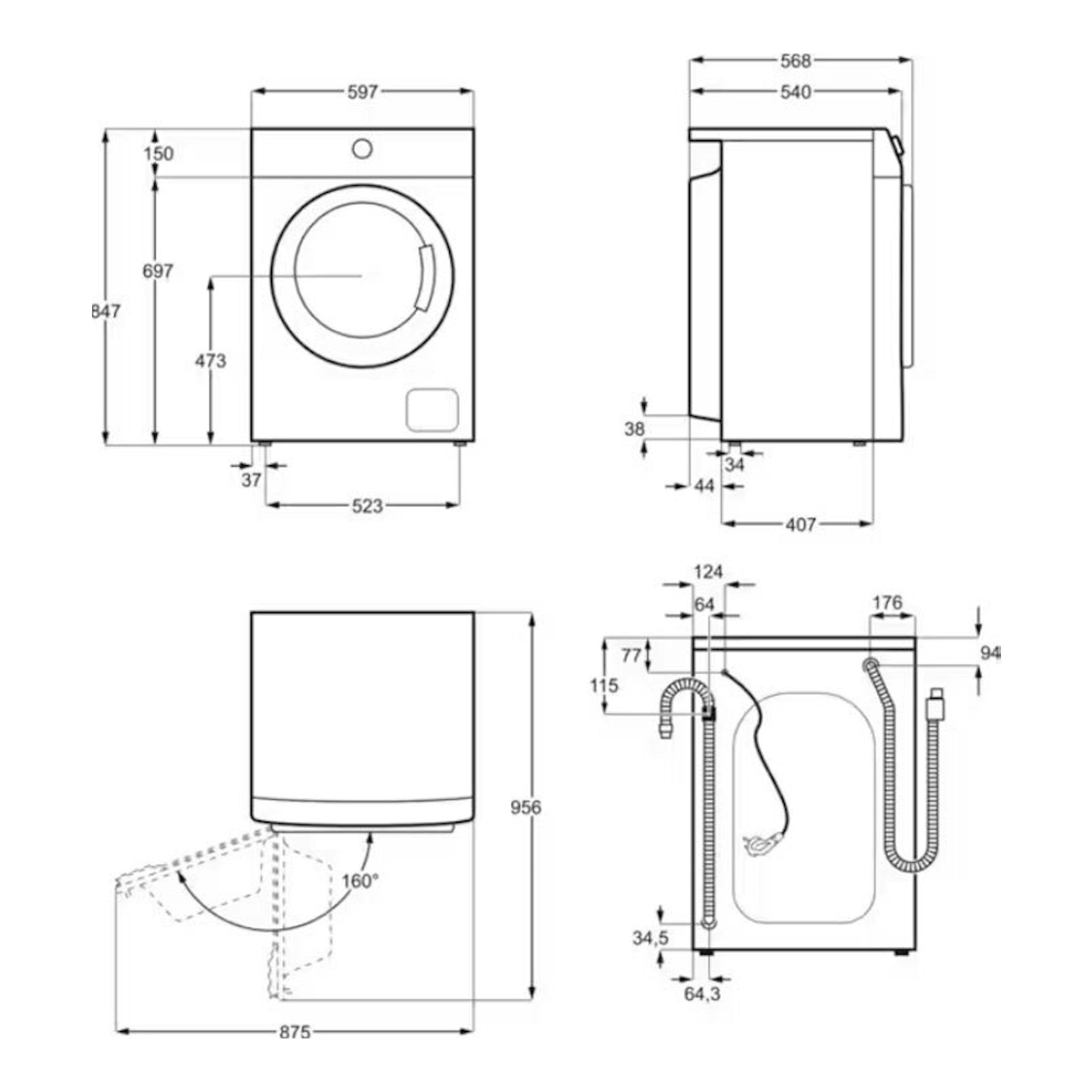 Electrolux EA2F6841CF, lavadora blanca en plano técnico con vistas frontal y lateral, con medidas.