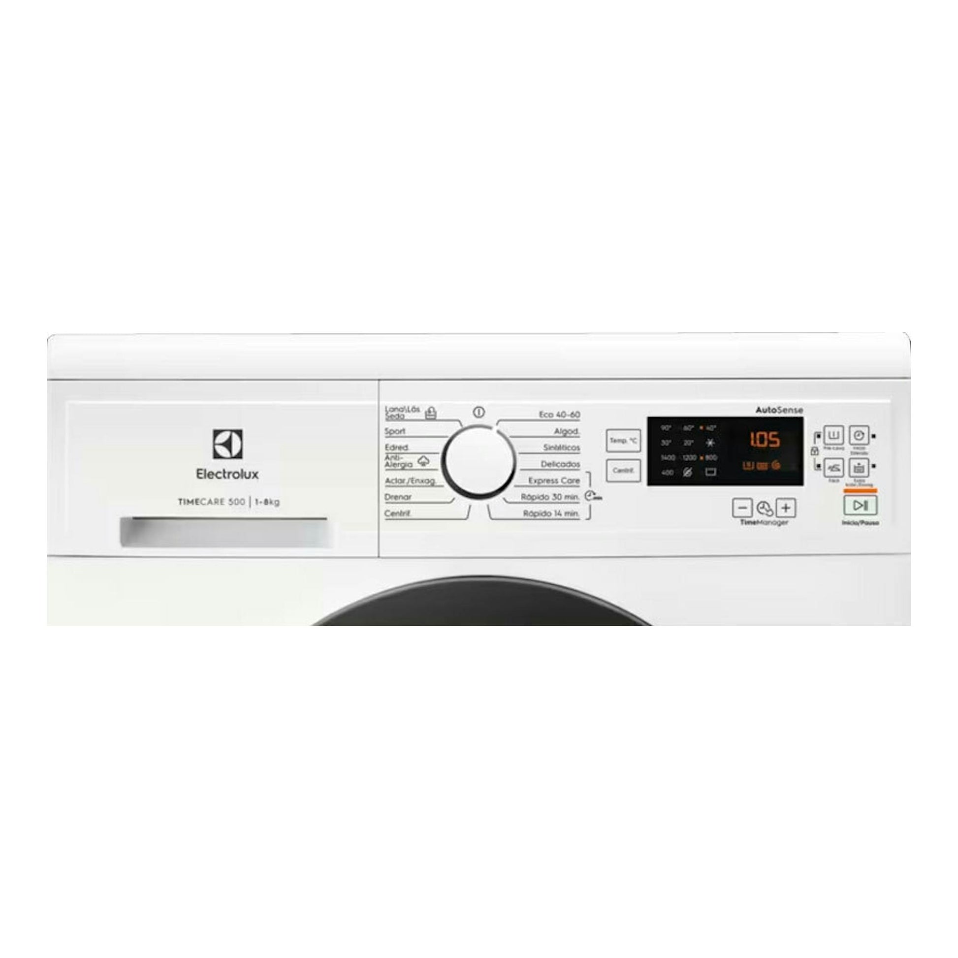 Lavadora Electrolux EA2F6841CF blanca, vista frontal, con selector central y panel digital.