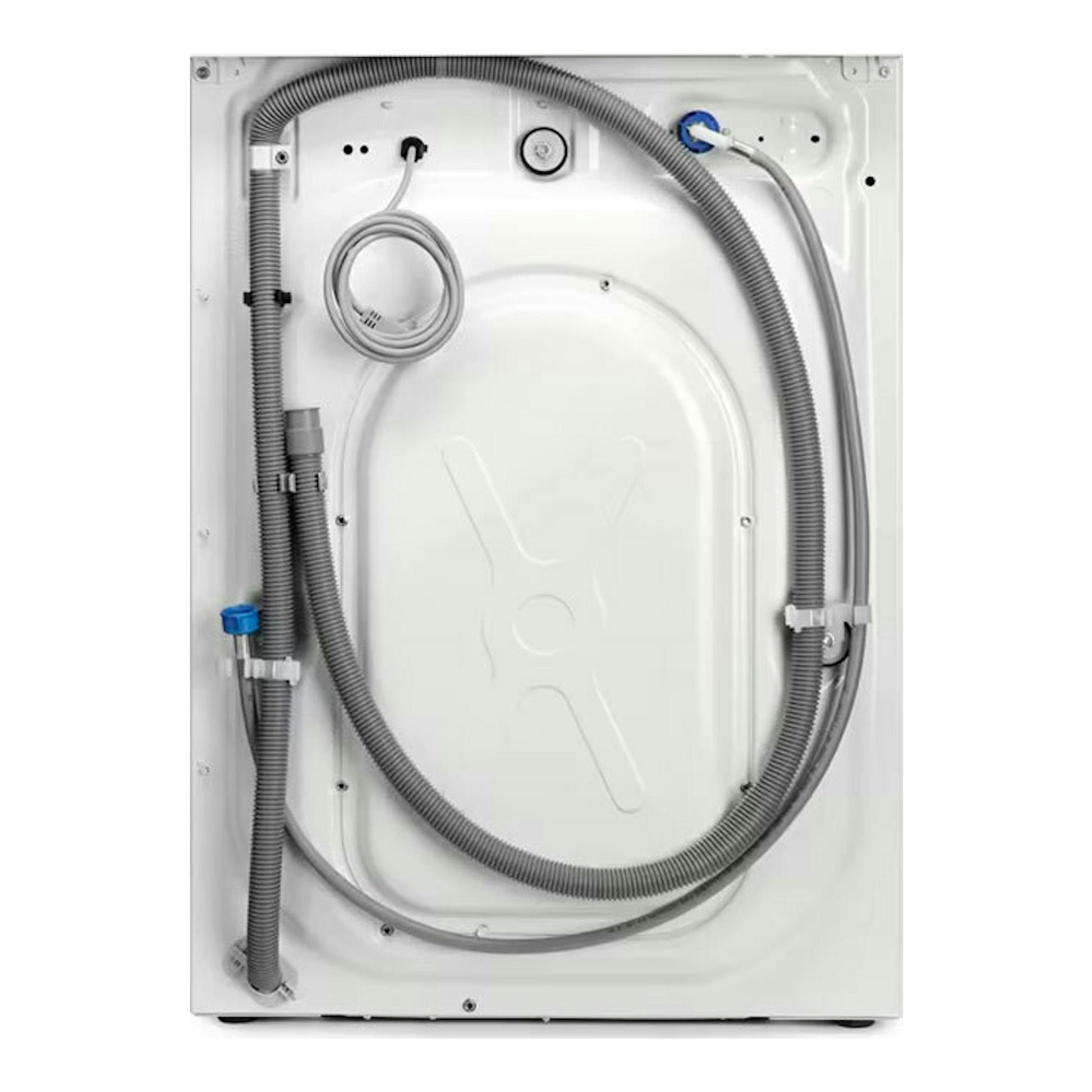 Lavadora Electrolux EA2F6841CF blanca, vista trasera con mangueras y cable de conexión.